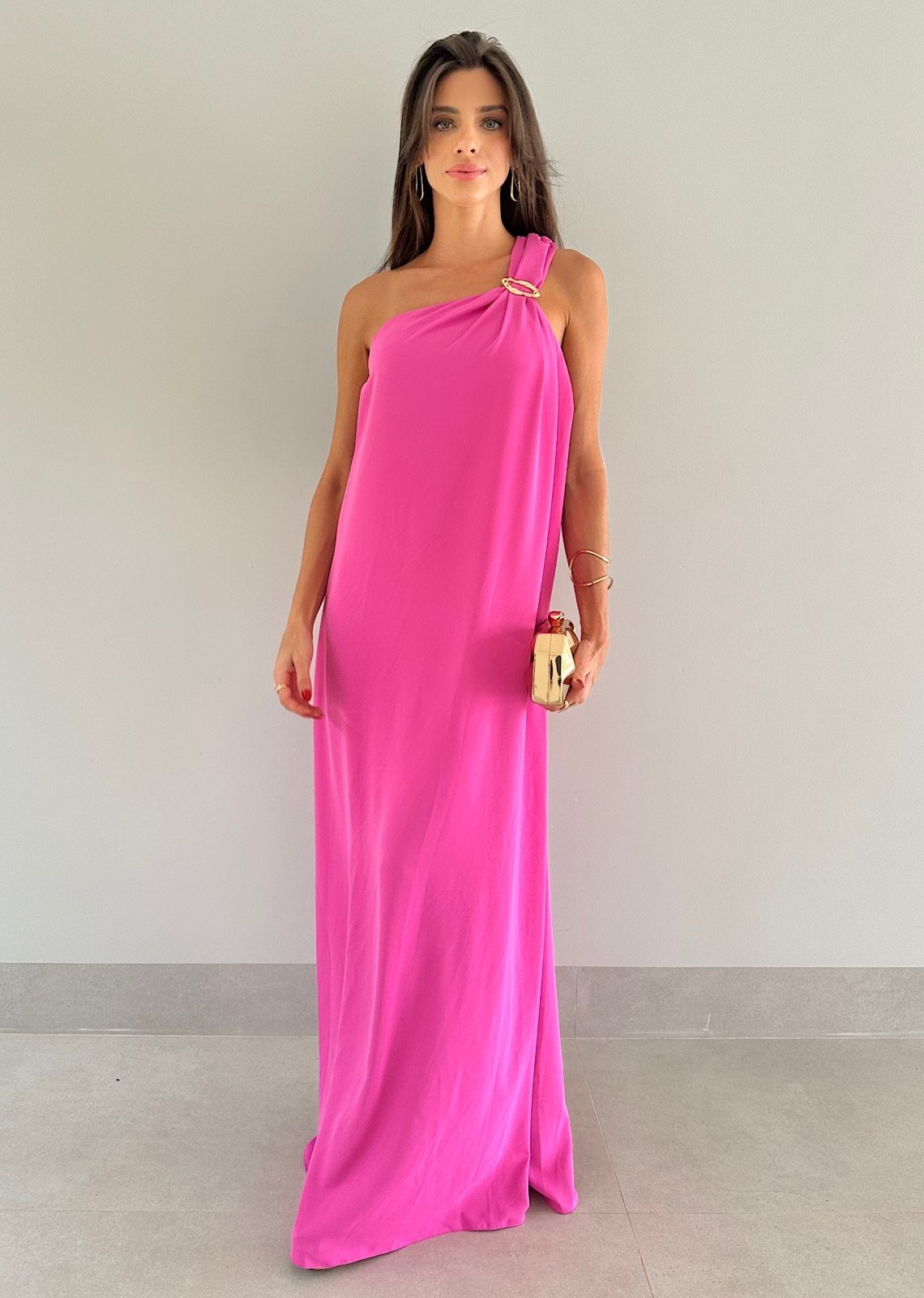 Vestido Festa Metal Dourado Rosa