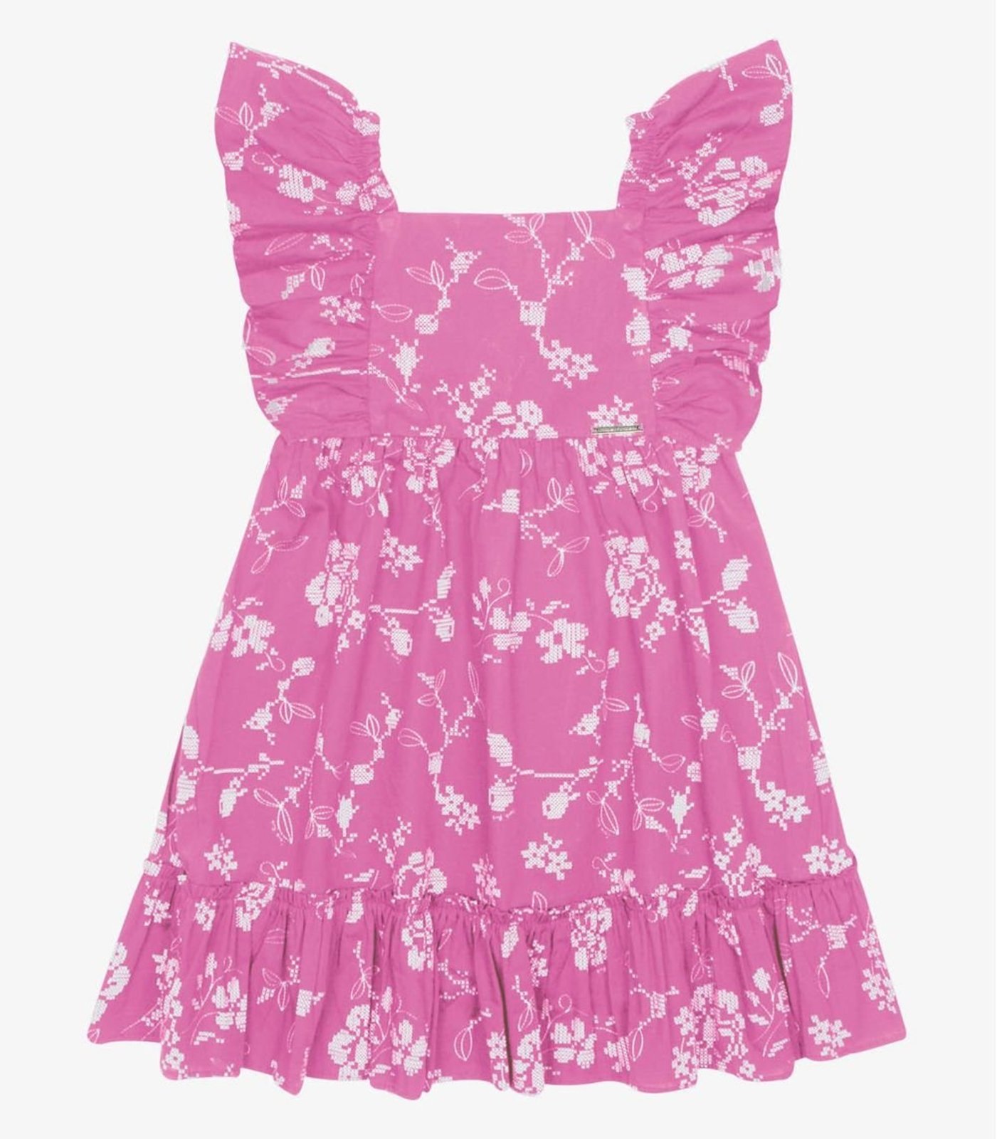 Infantil – Vestido Popeline Floral Bordado Trick Nick Rosa