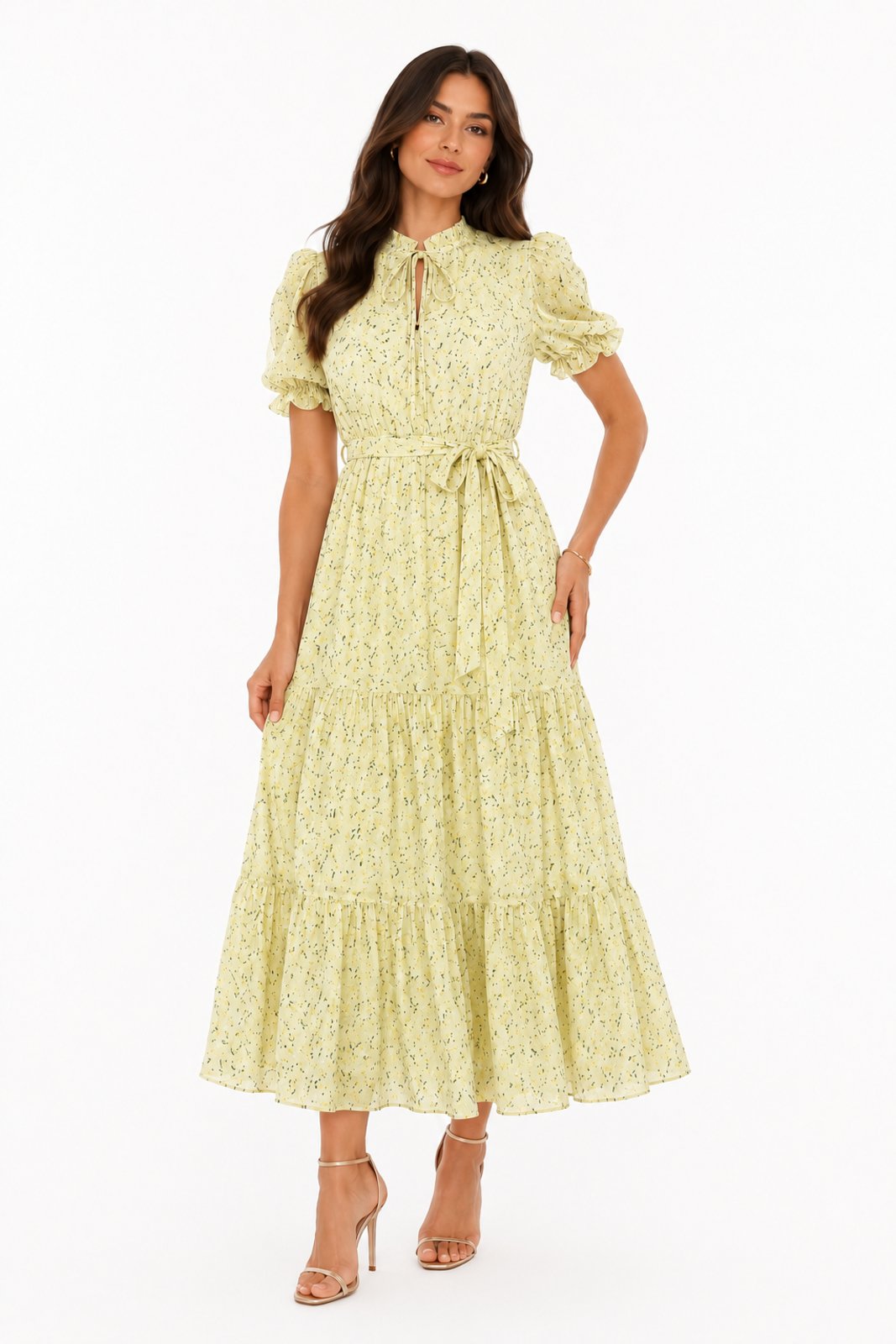 Vestido Midi D Bell Outlet Fashion Chiffon Manga Princesa Amarelo