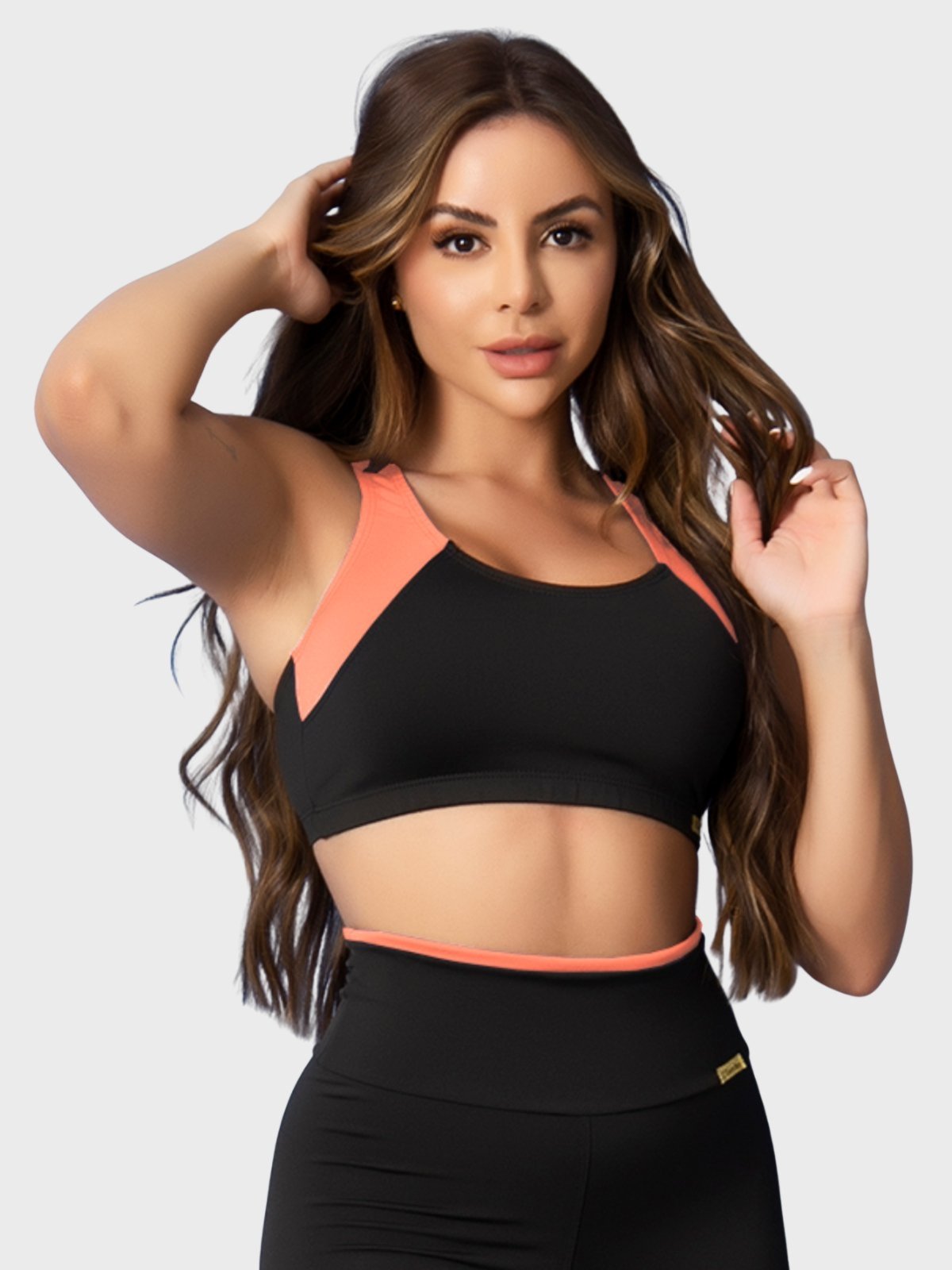 Top Fitness Tarelles Alça Larga Forrado Preto e Laranja Claro