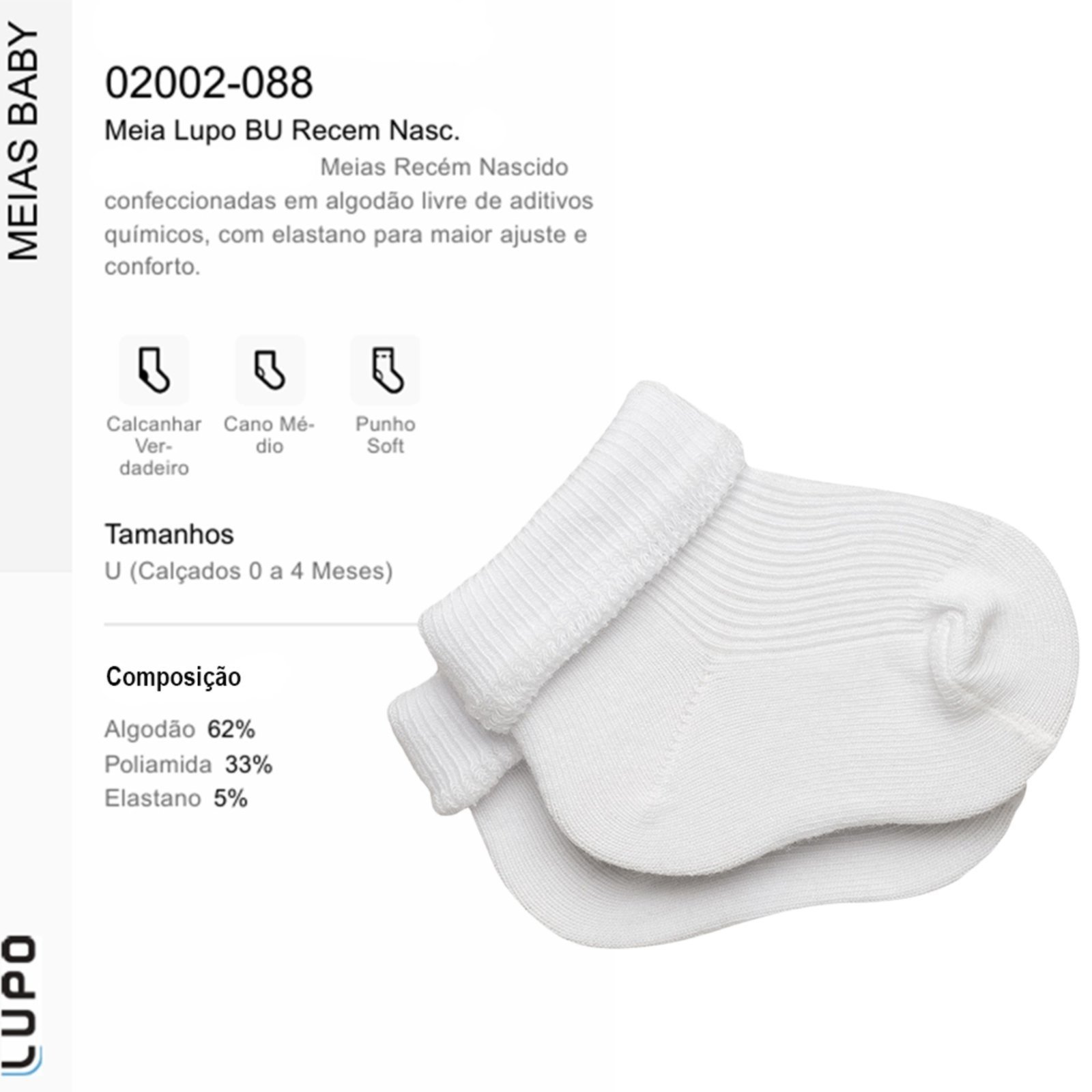 Vista 3 Kit 2 Meia Cano Médio Lupo Baby Punho Soft 02002 branco Lupo branco