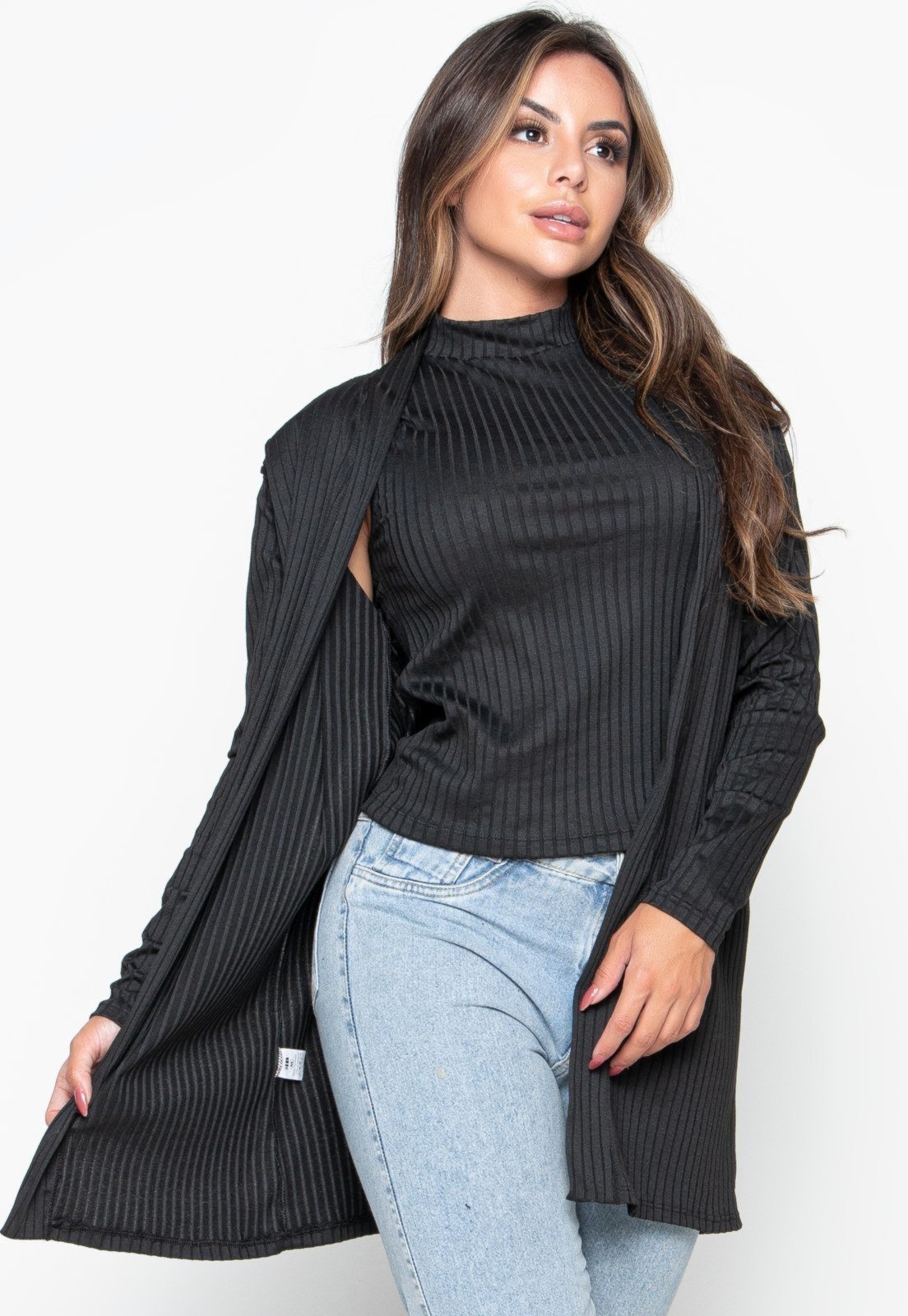 Cardigan Kimono Canelado Bravaa Store Cardigã Feminino Aberto Casaco Blazer 166 Preto