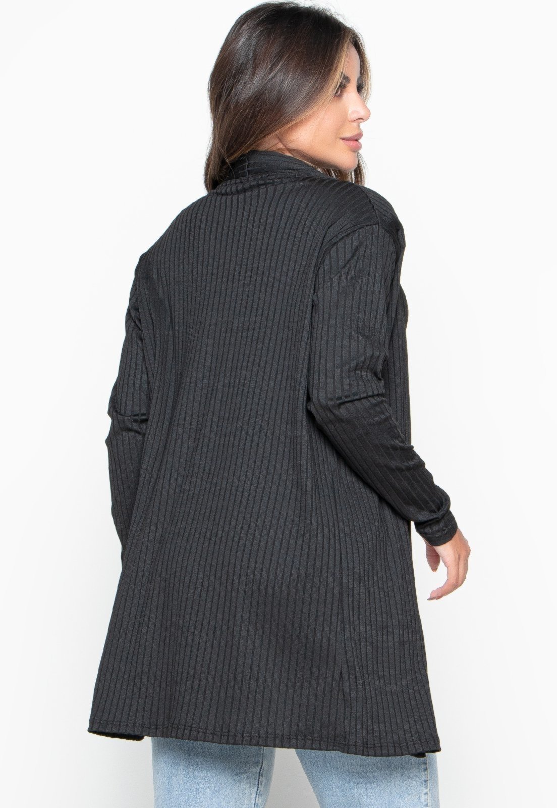 Vista 3 Cardigan Kimono Canelado Bravaa Store Cardigã Feminino Aberto Casaco Blazer 166 preto BRAVAA STORE preto