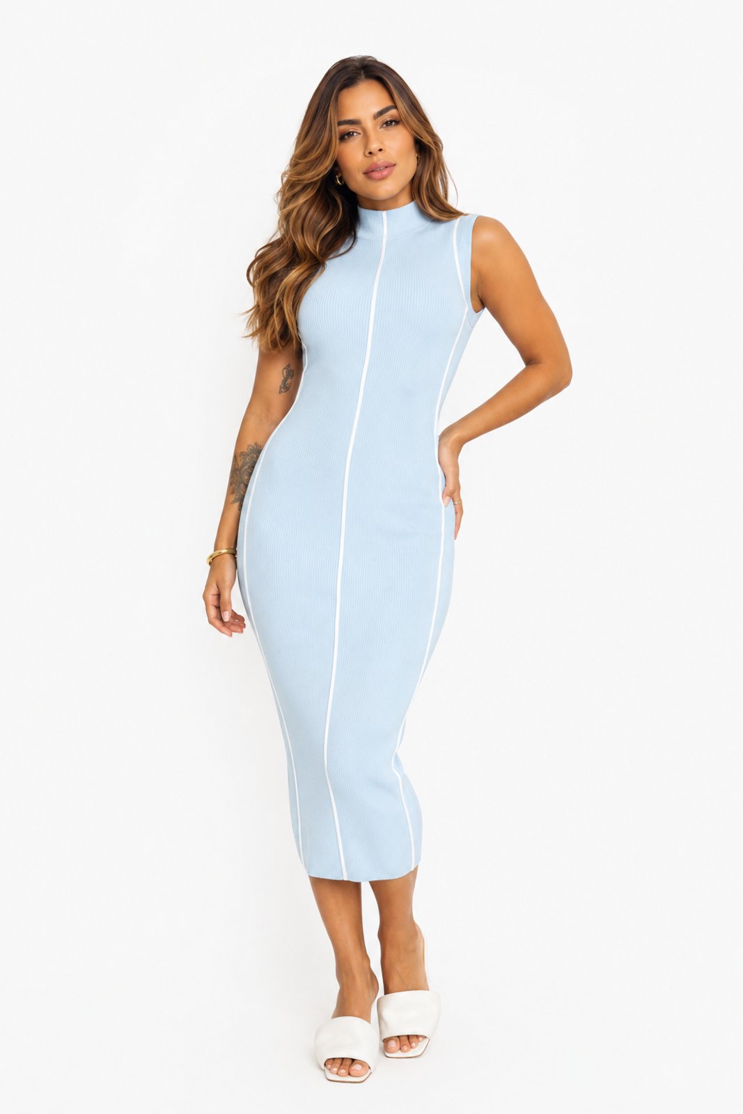 Vestido Midi Feminino D Bell Outlet Fashion Listras Azul