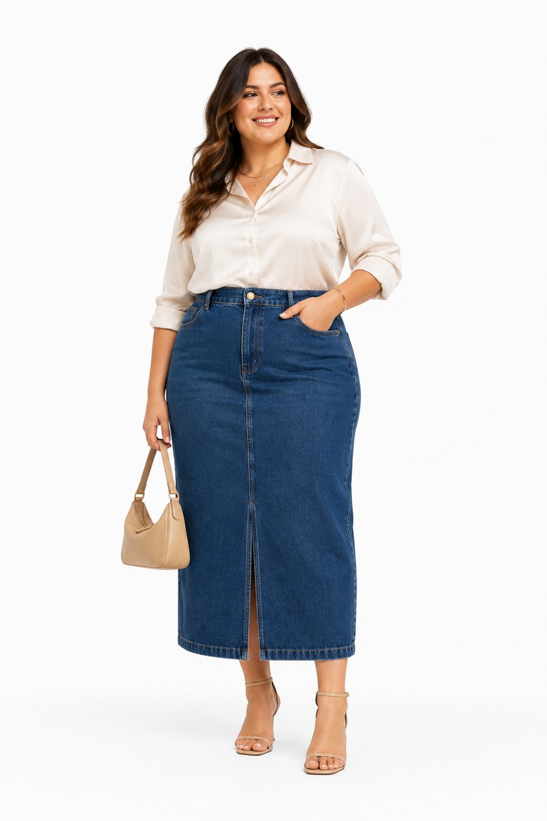 Saia Jeans Midi Plus Size D Bell Outlet Fashion Azul