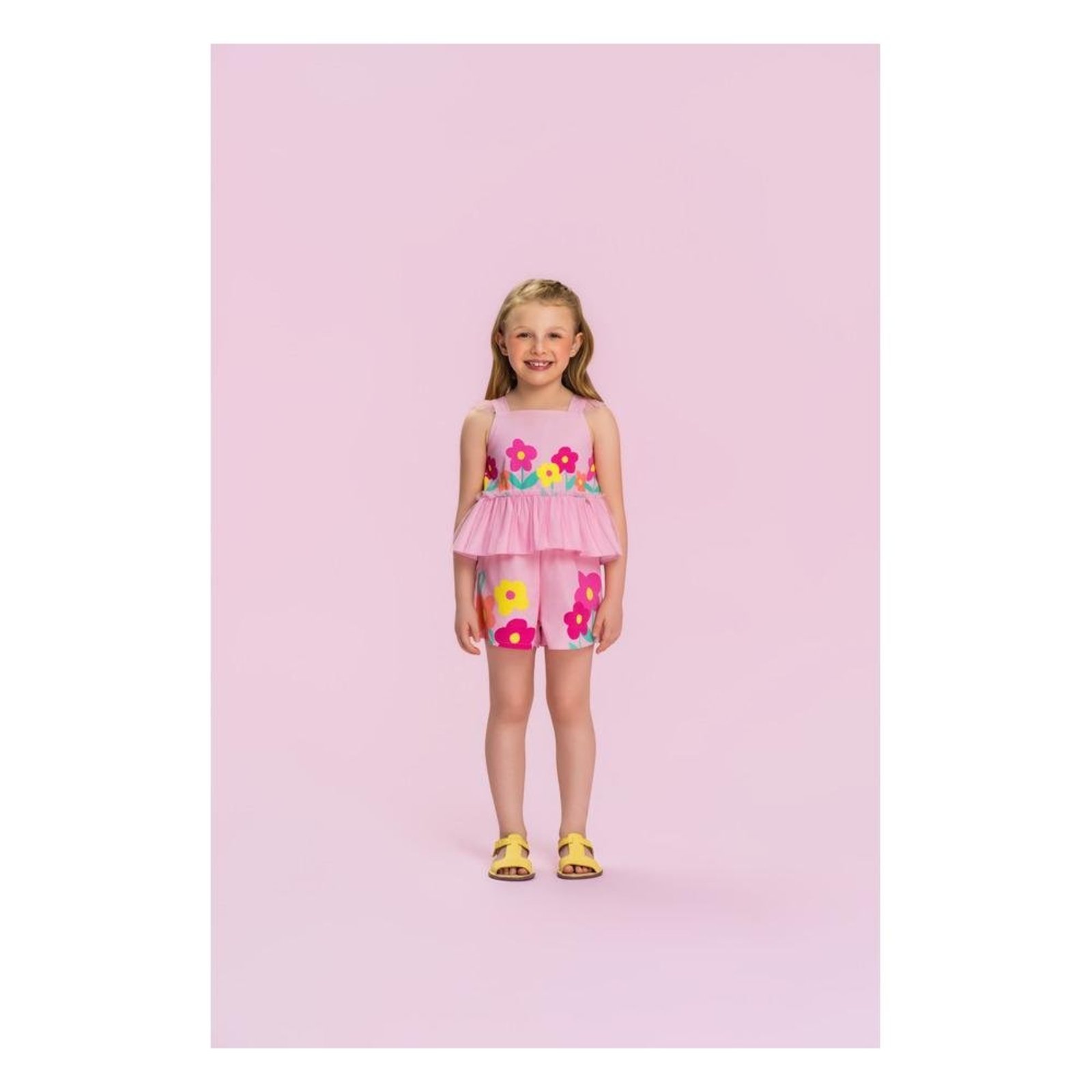 Infantil - Conjunto Feminino Blusa Babado Shorts Floral Mon Sucré Rosa 1 Unico