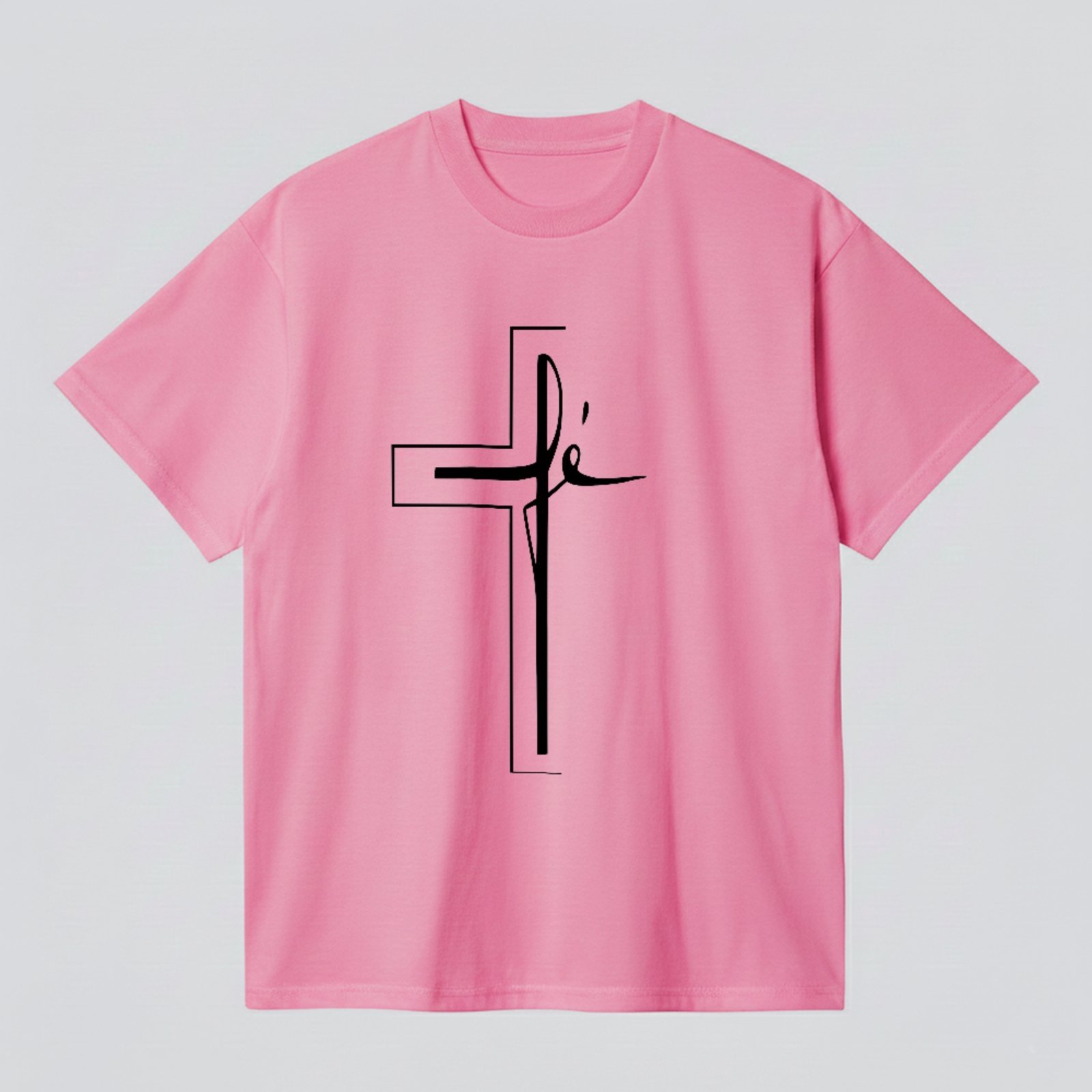 Camiseta Básica Cruz Fé Cristã Minimalista Unissex Rosa