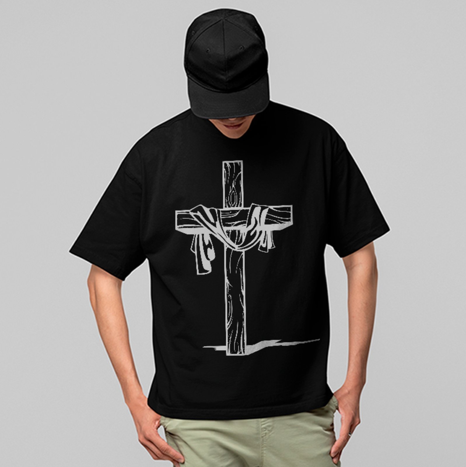 Camiseta Oversized Cruz Cristã Fé Gospel Streetwear Preto