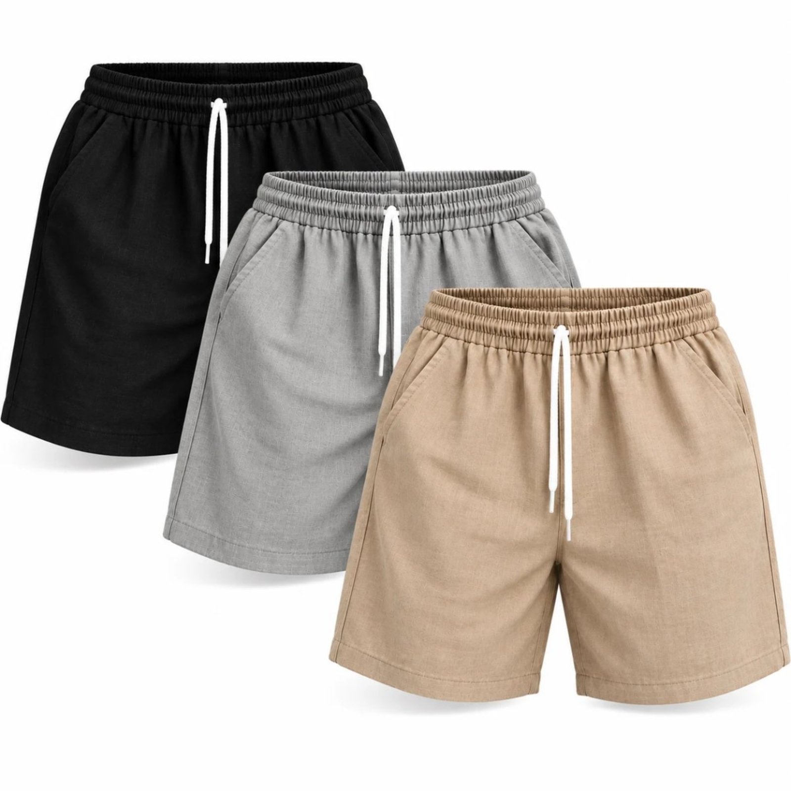 Kit 3 Bermudas Masculinas Linho Casual com Cordão e Bolsos Cinza