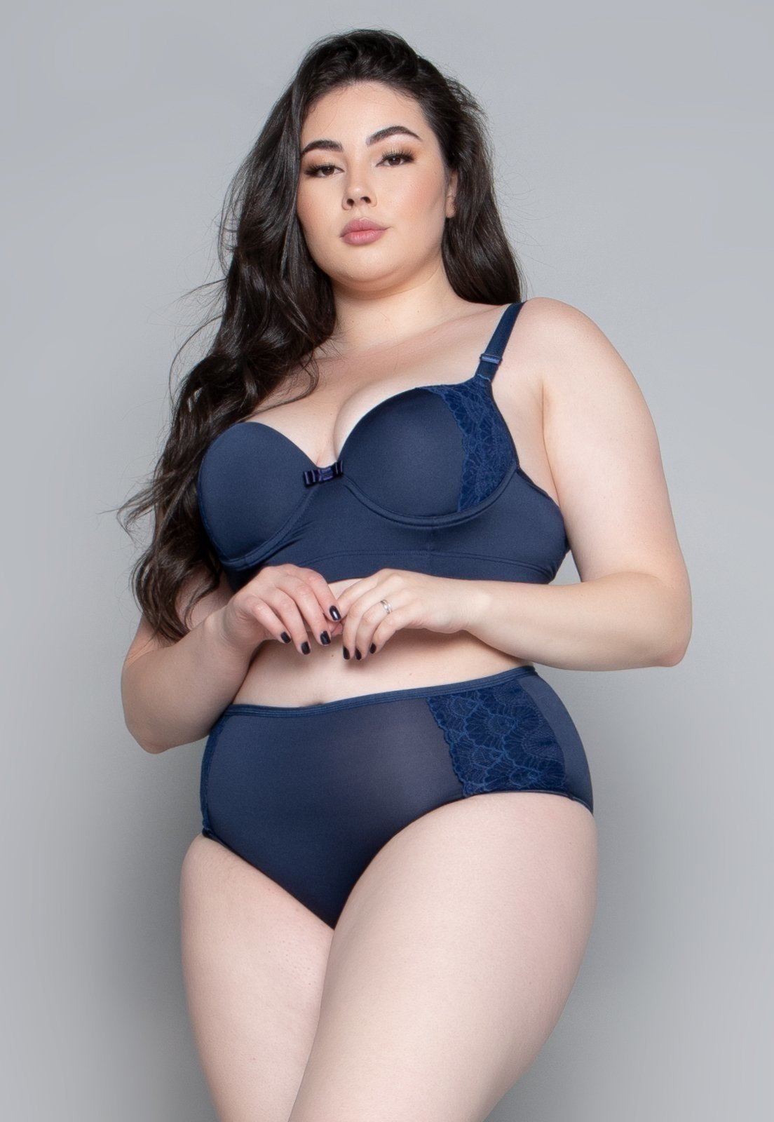 Conjunto Lingerie Bella Fiore Modas Plus Size Luxo Com Bojo Marinho