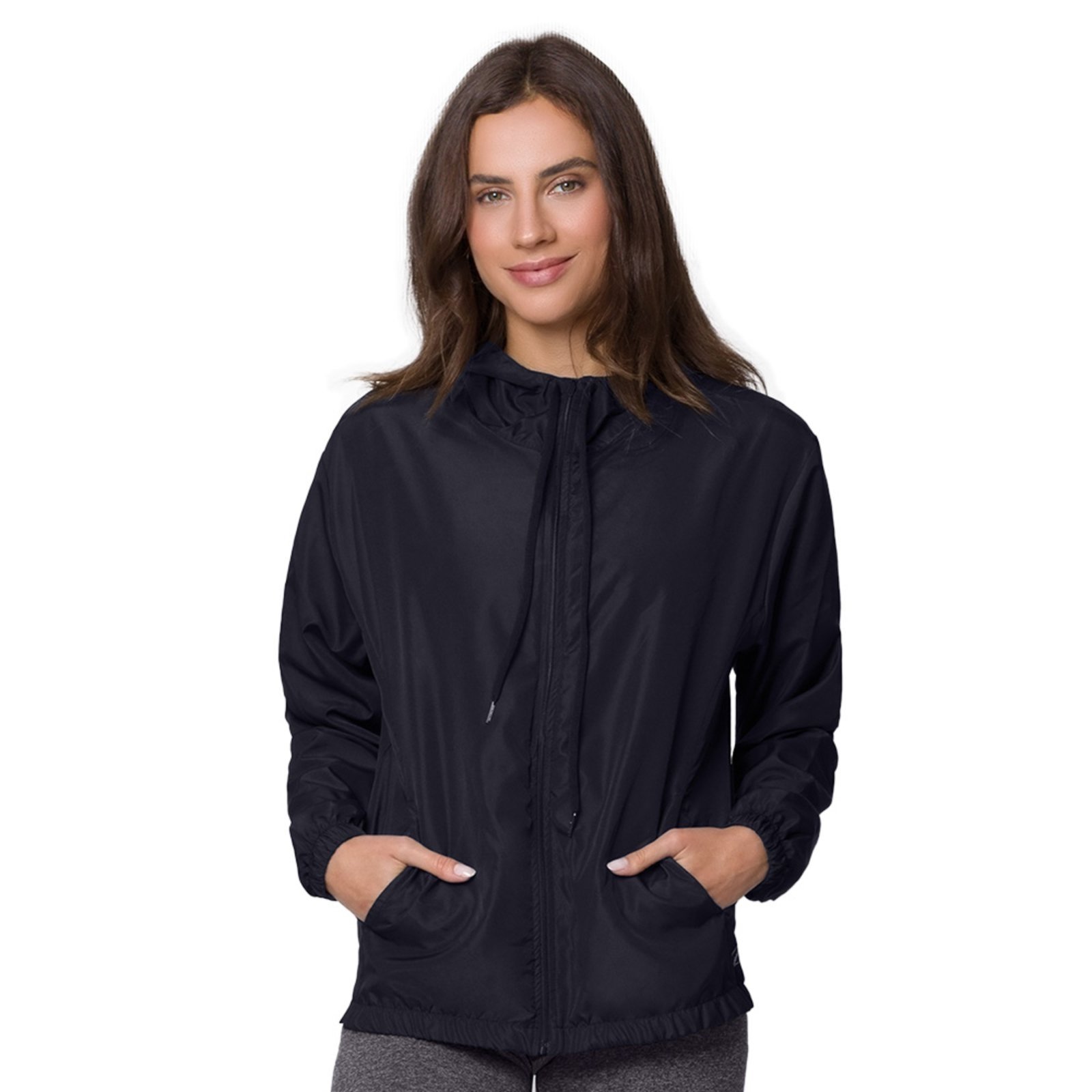Jaqueta Adulto Corta Vento Selene Feminina Com Bolso Capuz Preto