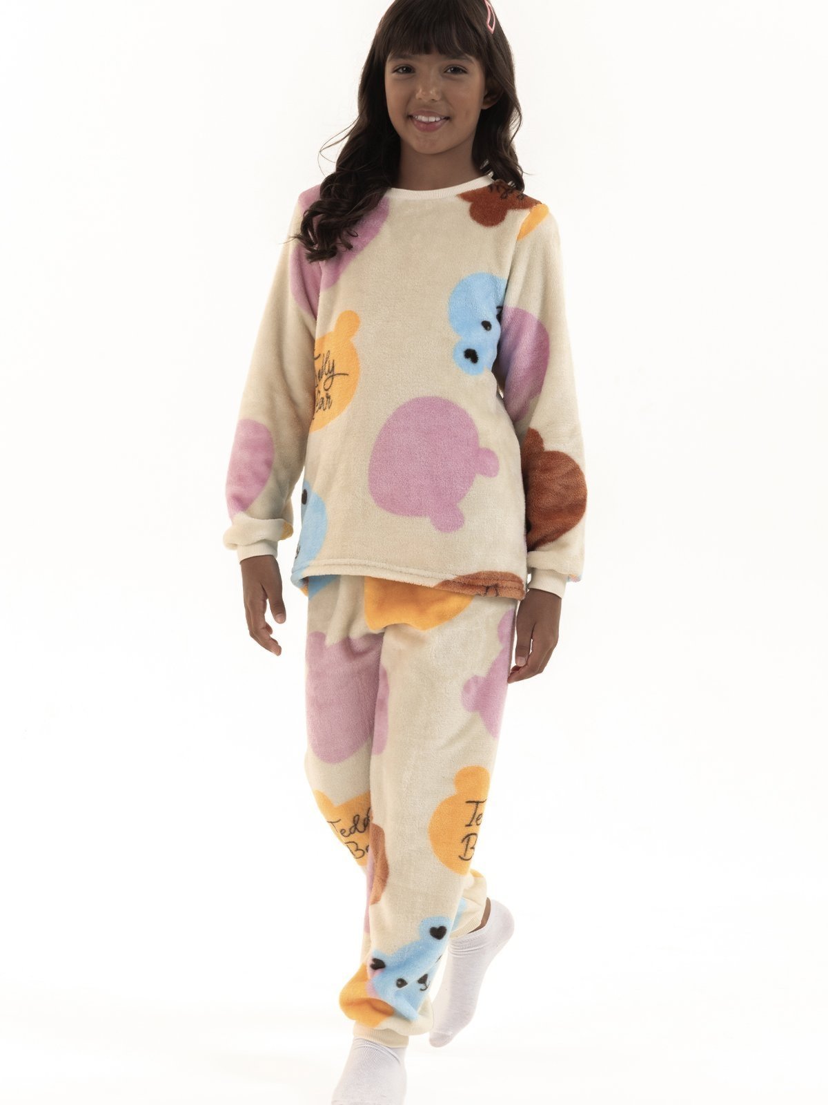Pijama de Inverno Longo Menina em Soft Fleece Peluciado Quentinho Ursinhos Doces Bege