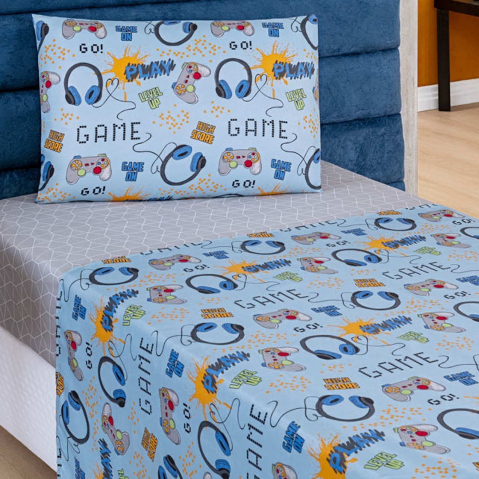 Jogo Cama Lençol Casa Scarpa Fantasy Solteiro Microfibra 3 Peças - Games - Azul