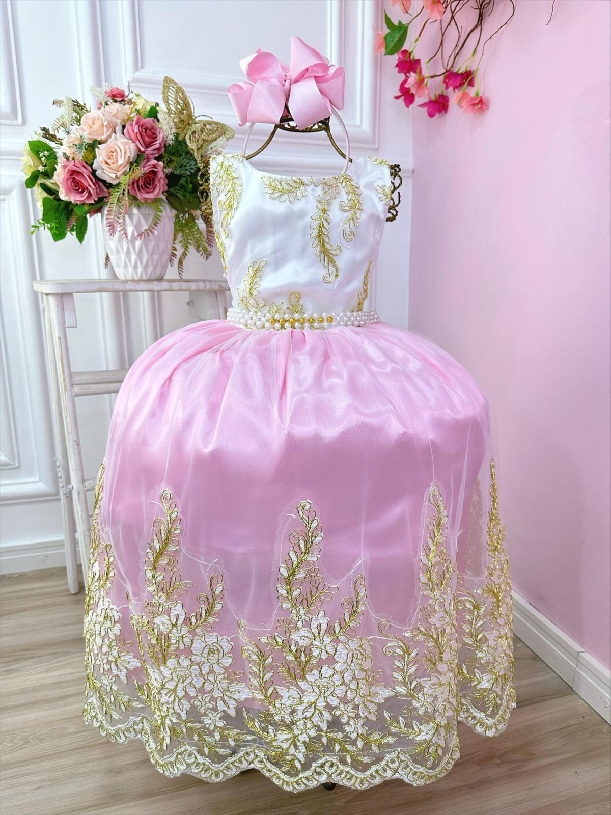 Infantil - Vestido Festa Longo Rosa Claro Dourado Branco Off Florista Pérolas Renda Casamento Brilho Social Menina Dama Daminha Princesa Rodado Aniversário Luxo