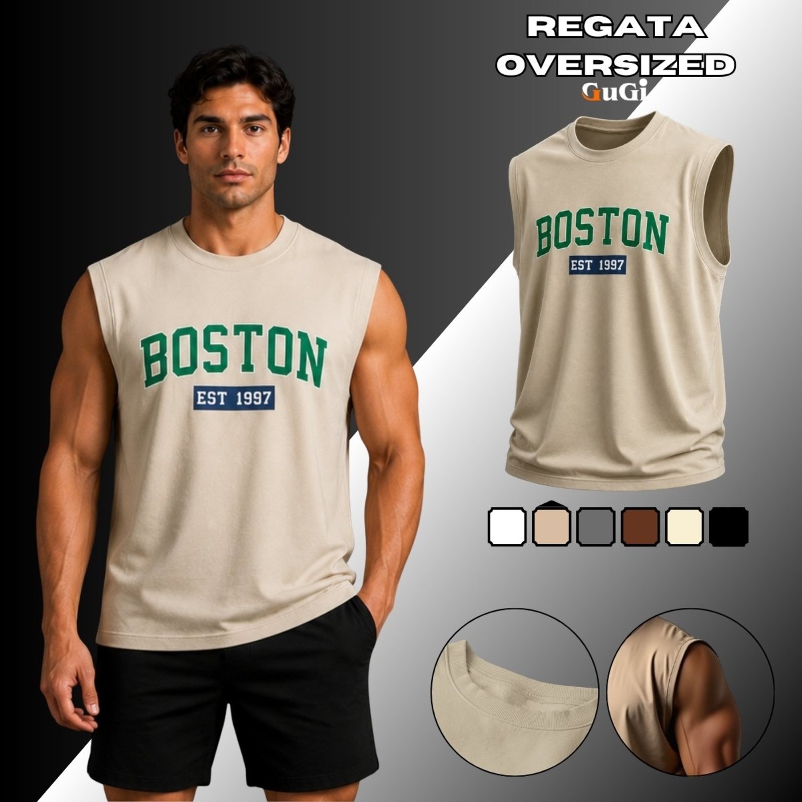 Camiseta Regata Masculina Oversized Estampada Boston Est 1997 100% Algodão 30.1 Cáqui