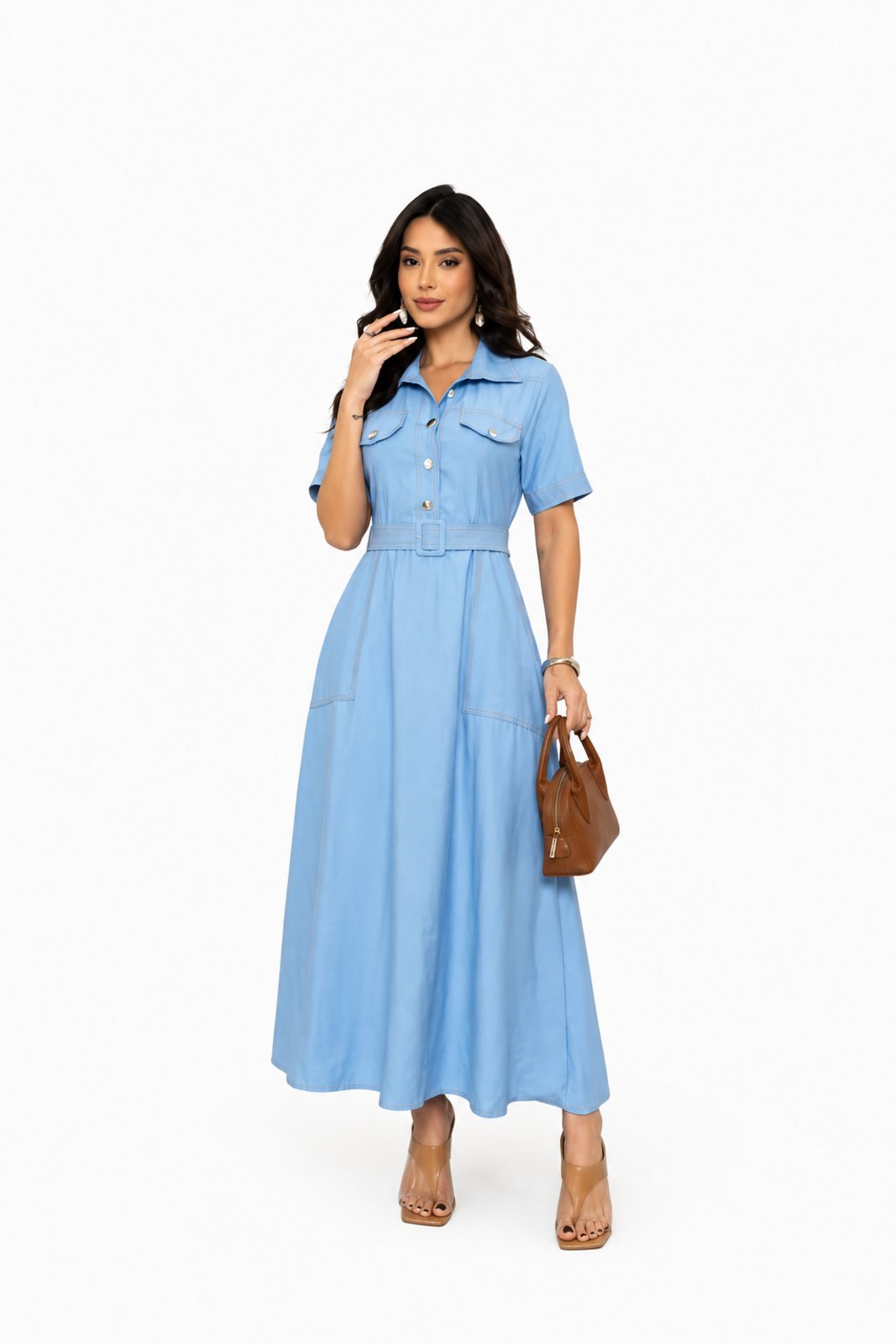 Vestido D Bell Outlet Fashion Longo Gola Azul