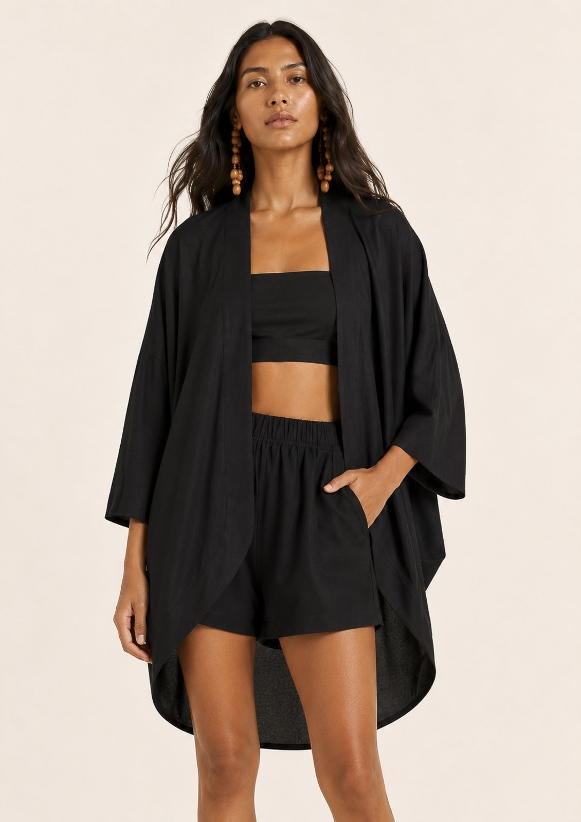 Kimono CabanaFree de Viscose Manga Ampla Azul Marinho