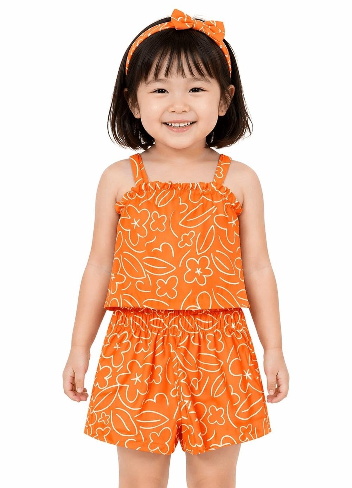 Infantil - Conjunto Menina Flores Pinceladas Alphabeto Mangaba Laranja