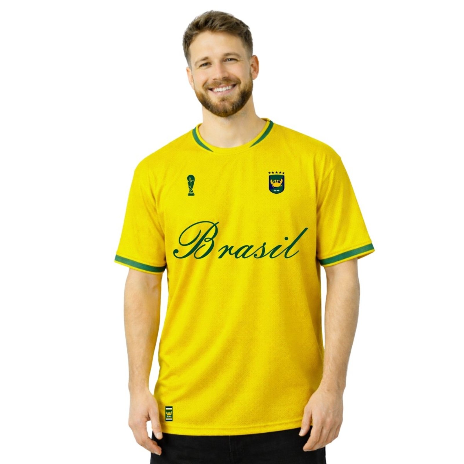 Camiseta Masculina Dry Fit Amarelo Brasil Escudo 2 Performance Gola Redonda para Treinos