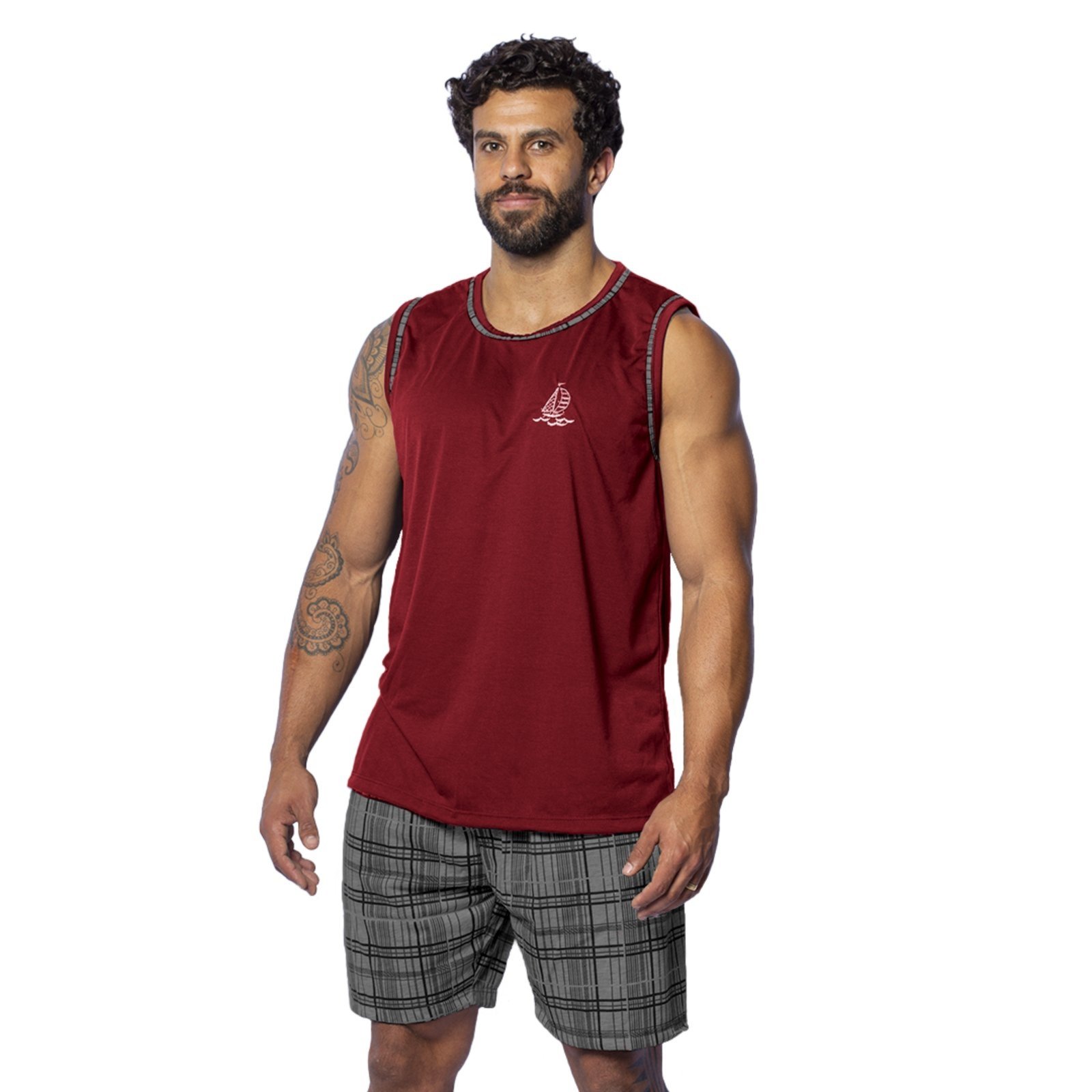 Pijama Masculino Gabi Lingerie Regata Malha Confortável Curto Rubro