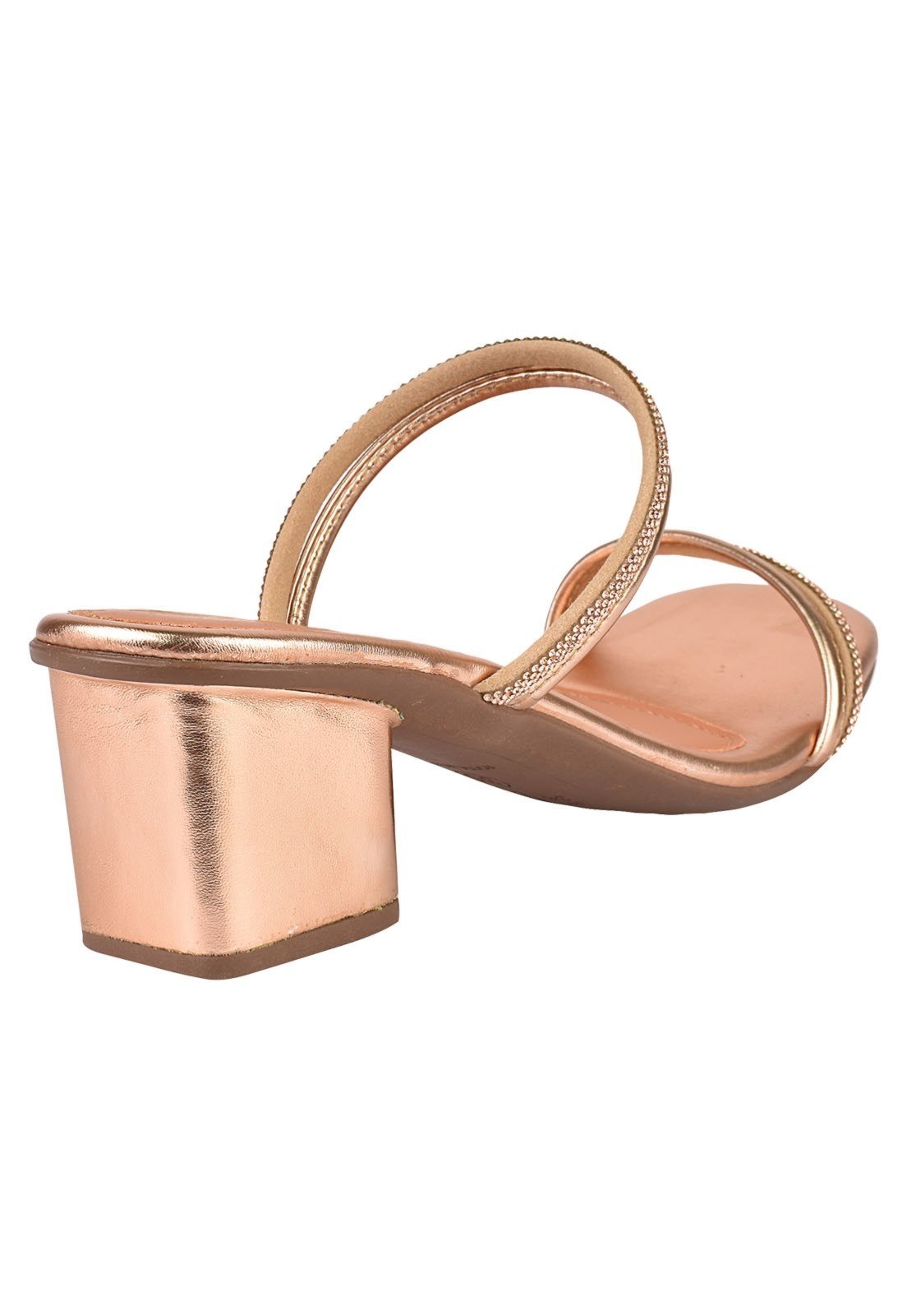 Sandália Salto Grosso Rosa Chic Calçados Salto Baixo Bloco Tamanco Calce Fácil Brilho Strass Bico Quadrado Cobre