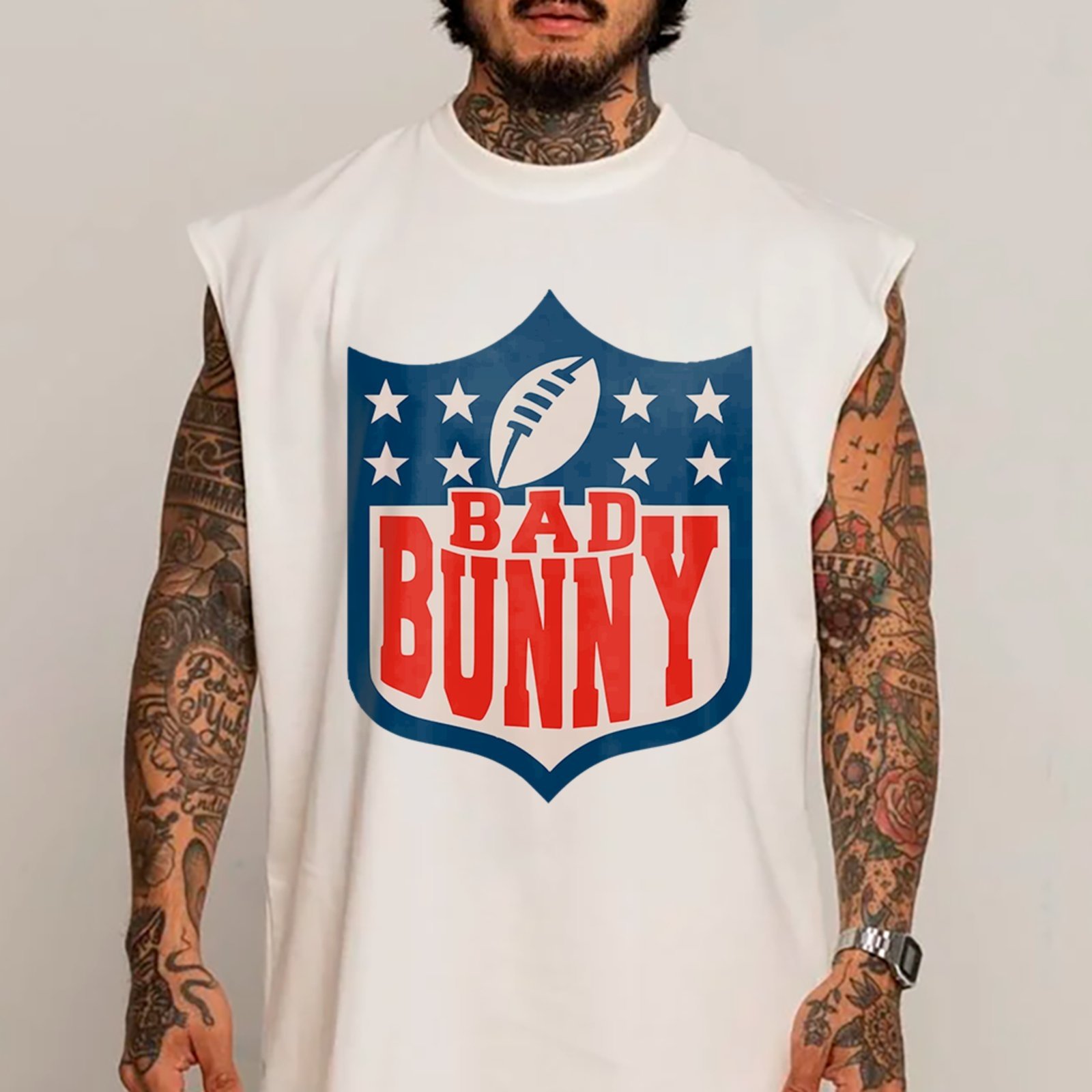 Camiseta Regata Machão Escudo Bowl Hype Bad Bunny NFL Branco
