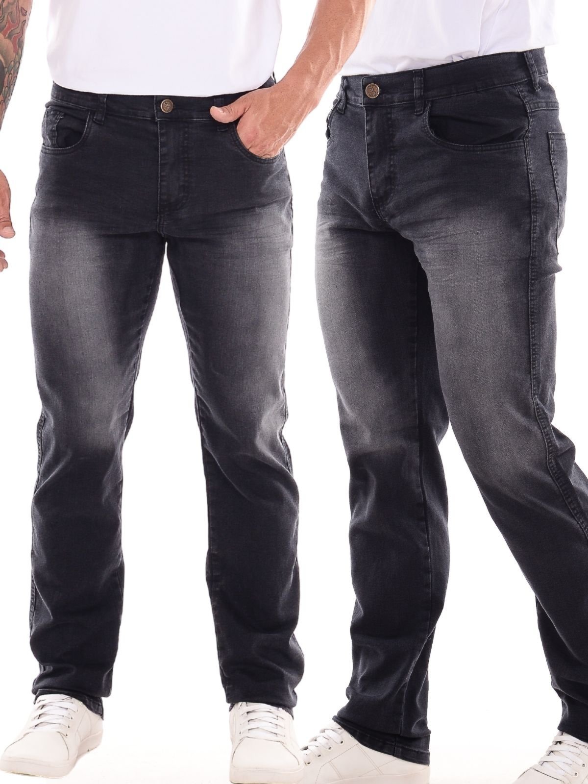 Kit 2 Calças Masculina Slim Ethereal Jeans Elastano Linha Premium Preto Com Cinza