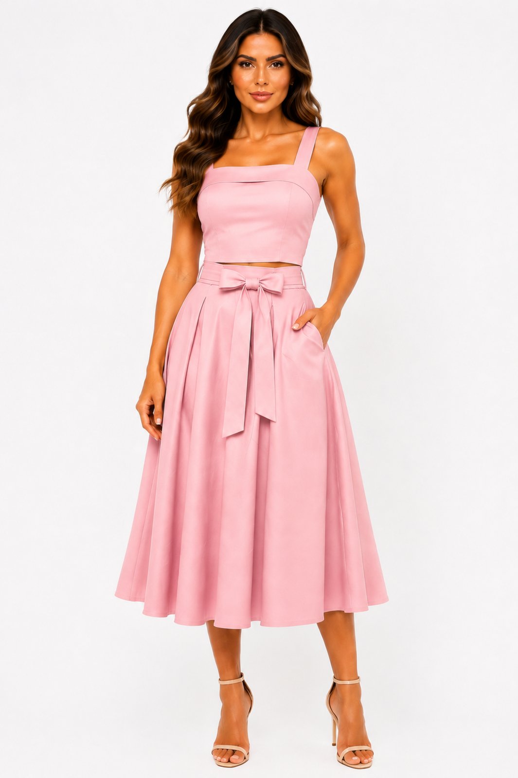 Conjunto D Bell Outlet Fashion Cropped e Saia Midi Rosa