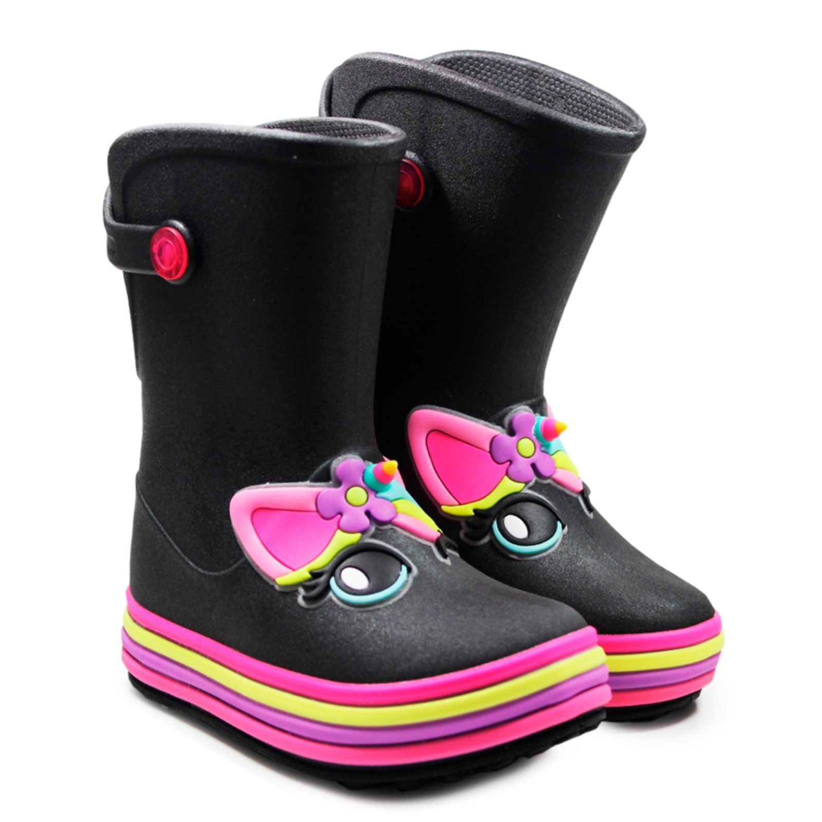 Infantil – Galocha Bota Menina Plugt Unicórnio 3D Confortável Leve Impermeável Preto
