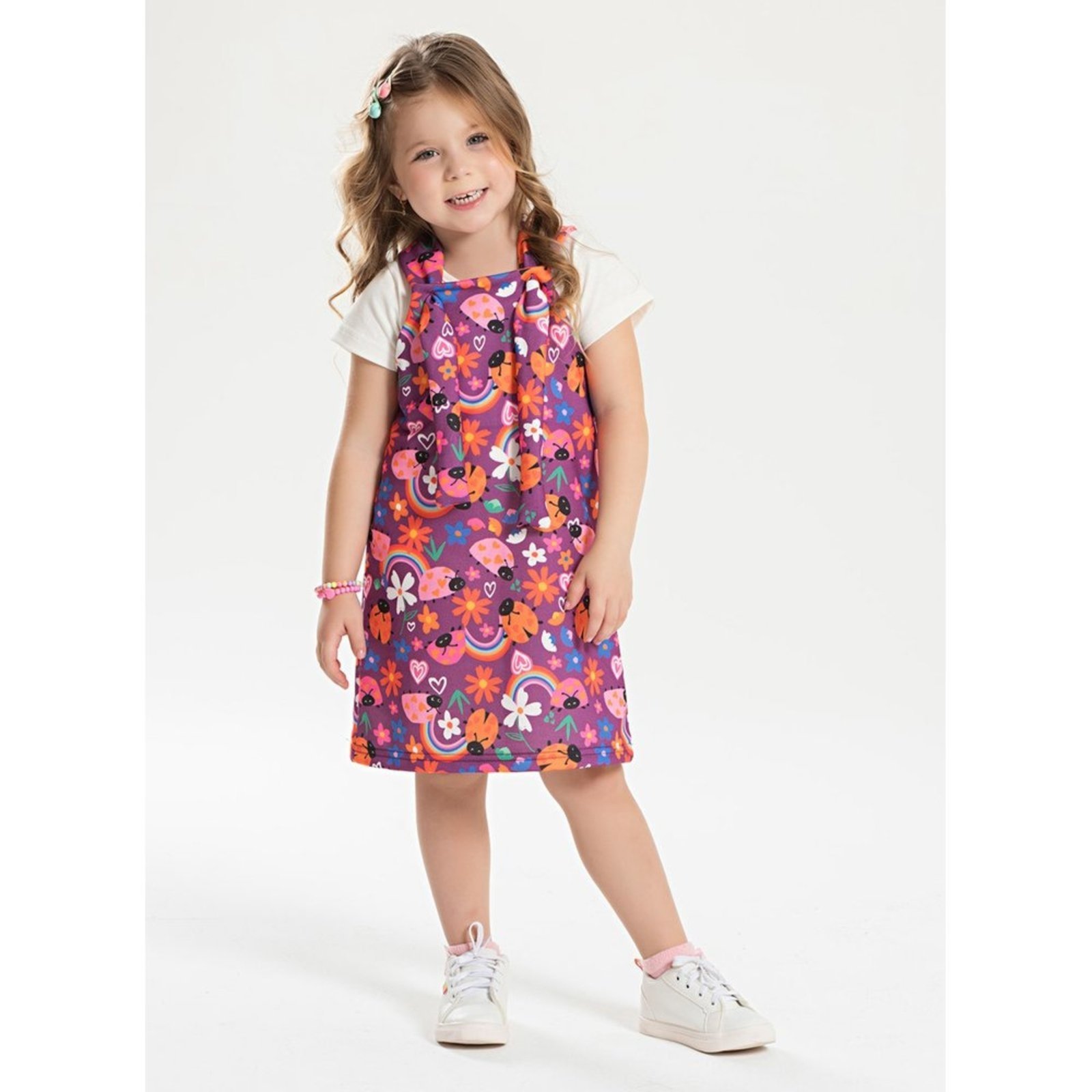 Infantil – Conjunto Verão Menina Natural Blusa e Salopete Jardim das Joaninhas