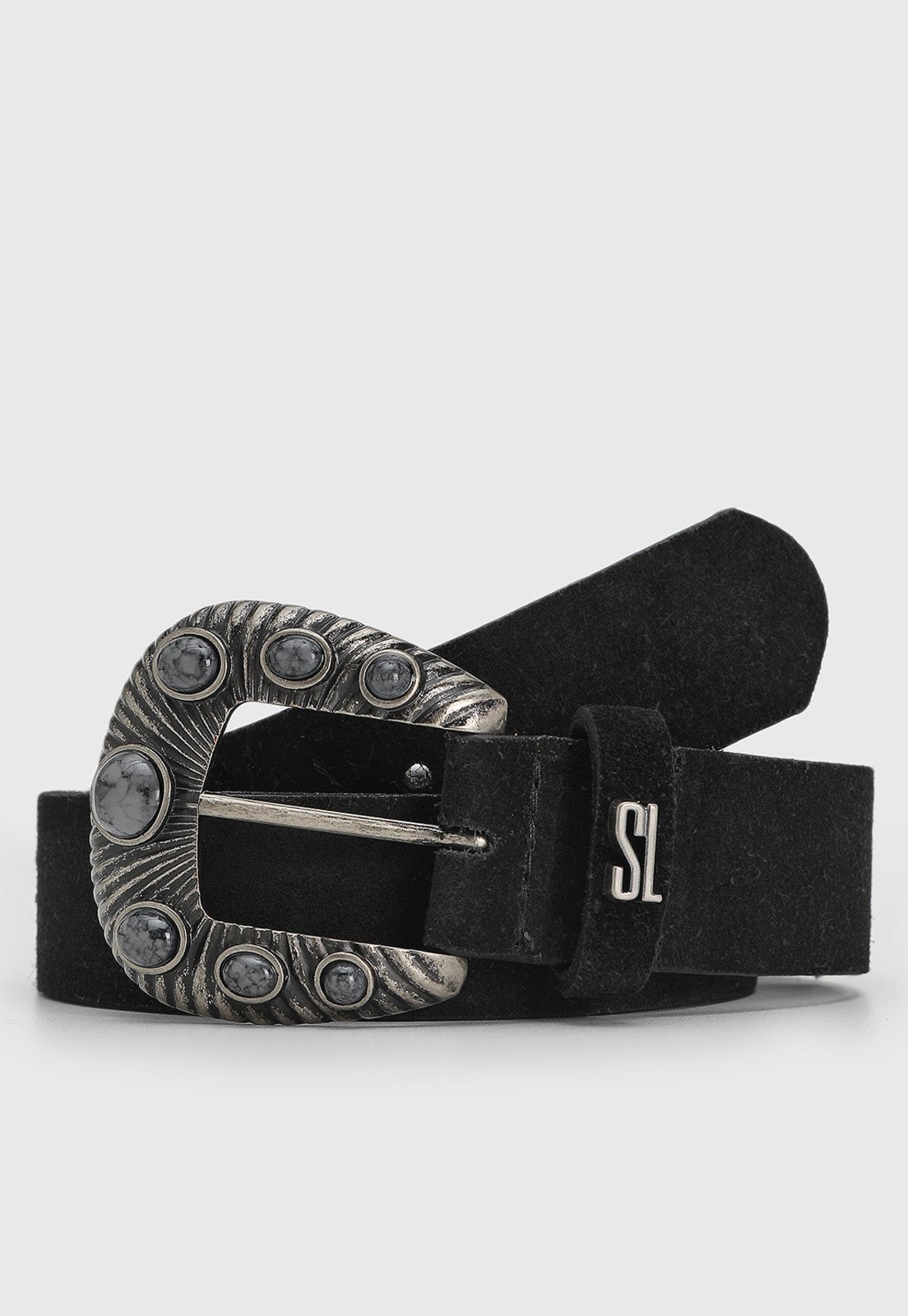 Cinto Feminino Santa Lolla Camurça Fivela Pedras Preto