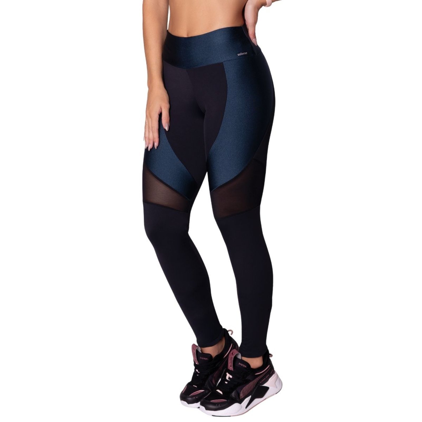 Calça Legging Fitness Feminina Recorte Tule Selene
