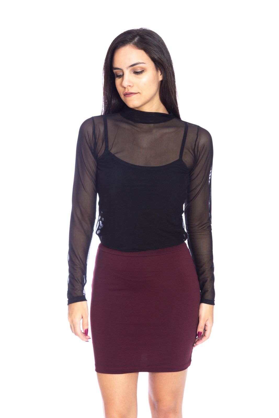 Blusa Moda Vício Gola Alta Manga Longa Tule Preto