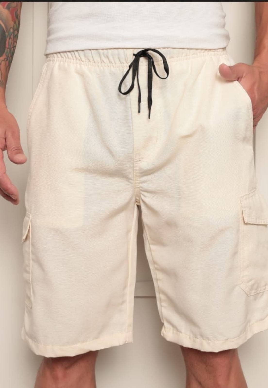 Bermuda Masculina Casual Jogger Avec com Cordão Ajustável Bege