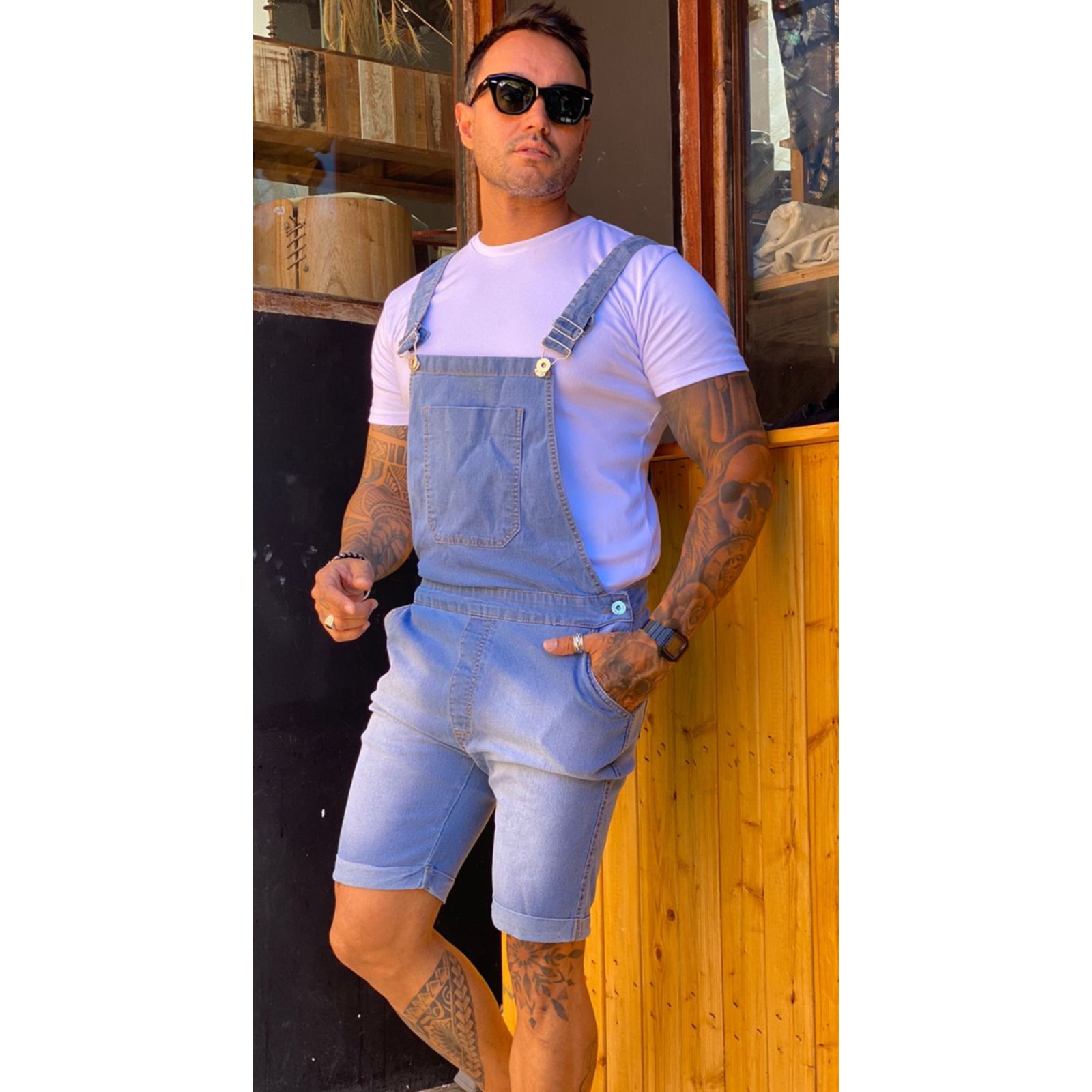 Macacão Jardineira Jeans Claro Curto Masculino Alleppo Jeans