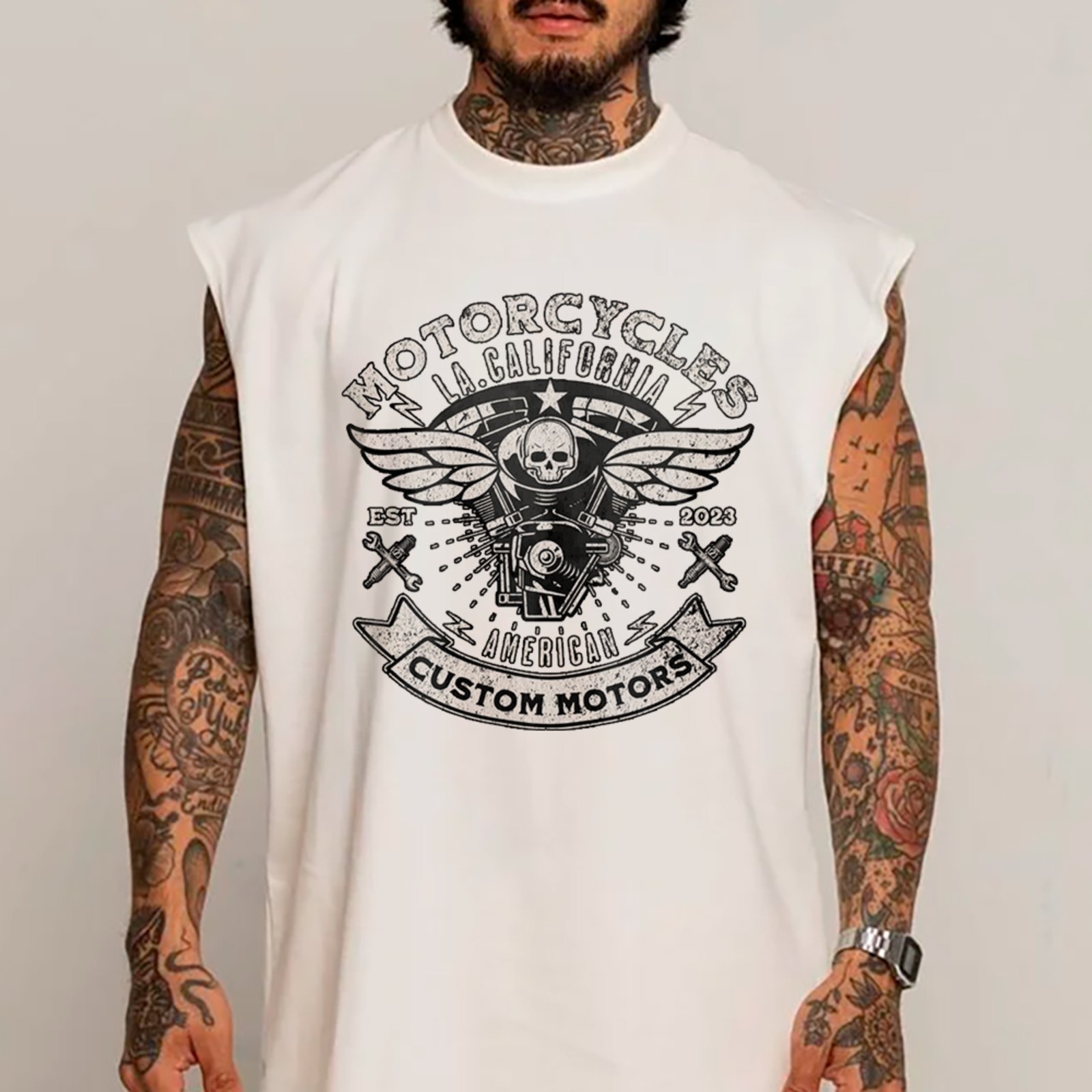 Camiseta Regata Machão Motorcycle Custom Motors Vintage Branco