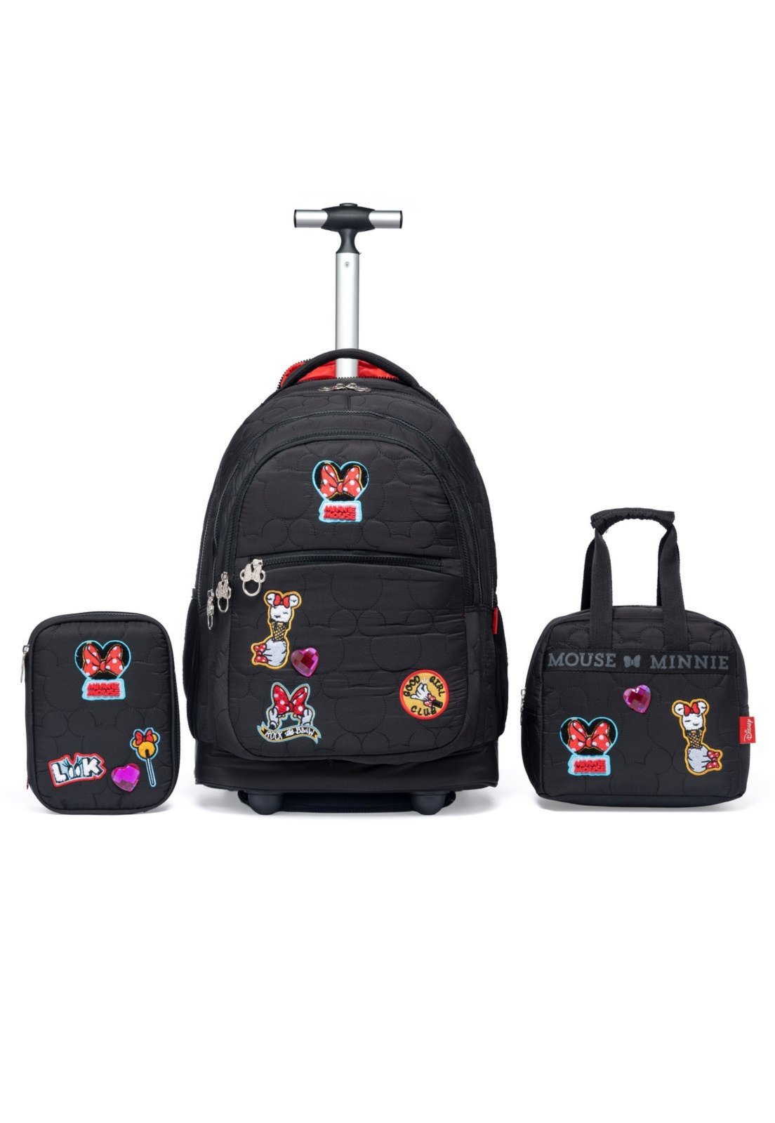 Vista 2 Infantil - Kit Mochila Lancheira Estojo Minnie Mouse Disney Menina Juvenil Escolar Espaçosa preto Disney preto