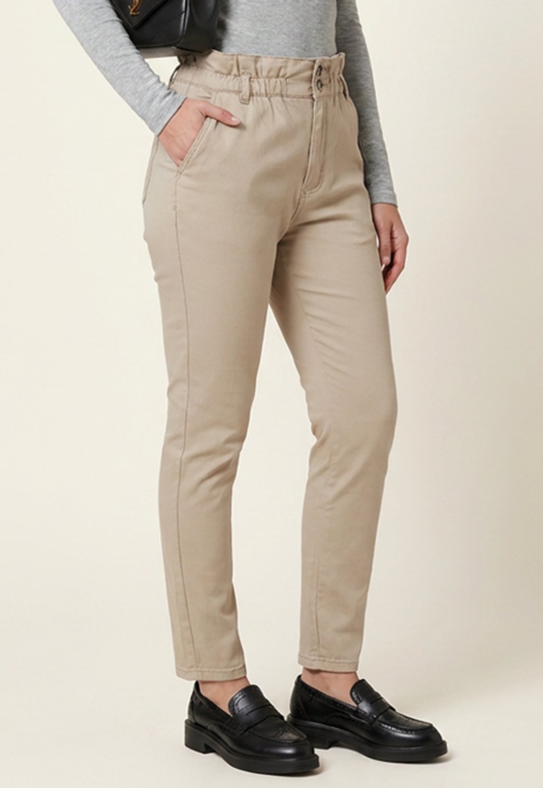 Calça Clochard Feminina Cintura Alta 100% Algodão Skinny Bege