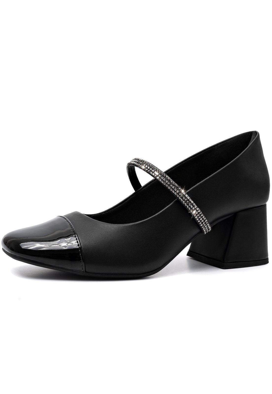 Scarpin Feminino Mary Jane Boneca Lumiss Bicolor Salto Bloco Confortável Strass Brilho Preto