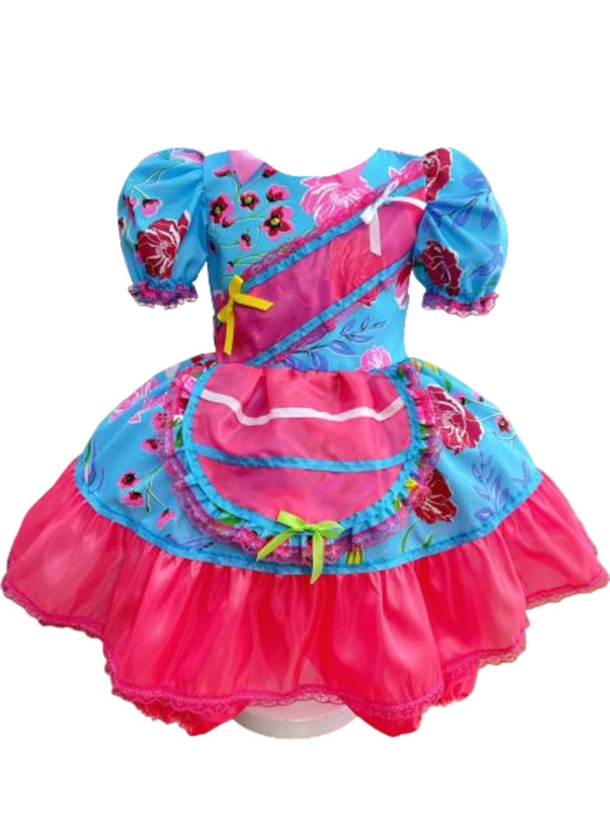 Infantil - Vestido Azul Rosa Pink Festa Junina Junino Caipira Quadrilha Laço Floral Rodado Juvenil