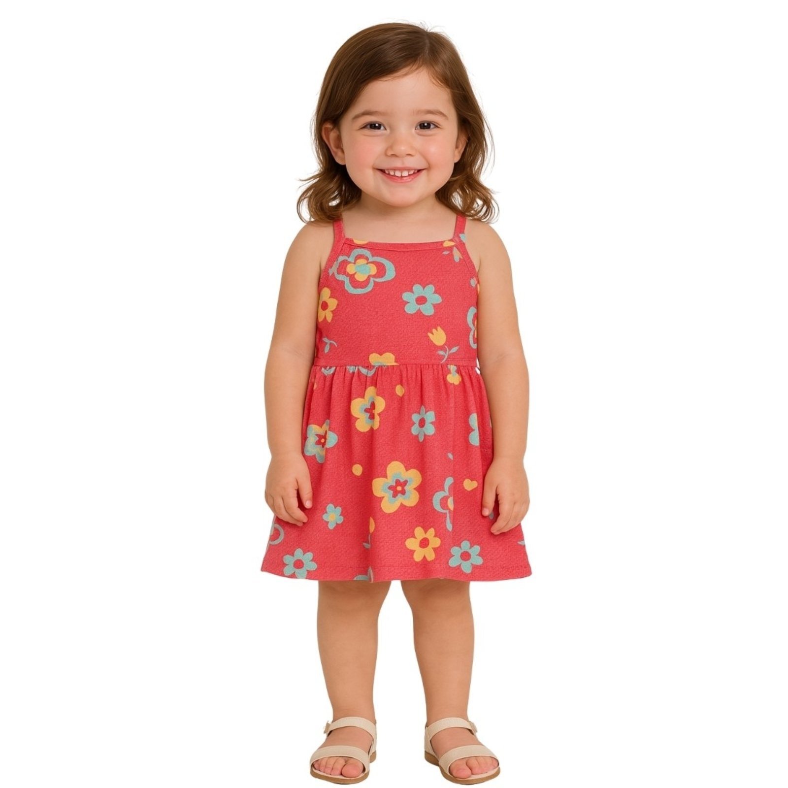 Vista 2 Infantil - Vestido Brandili Alça Fina Flores Melancia vermelho Brandili vermelho