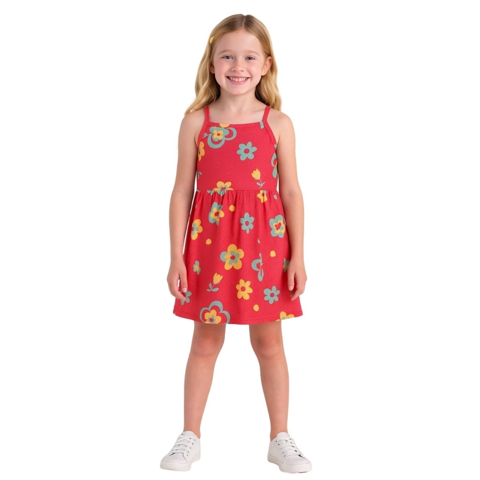Vista 3 Infantil - Vestido Brandili Alça Fina Flores Melancia vermelho Brandili vermelho