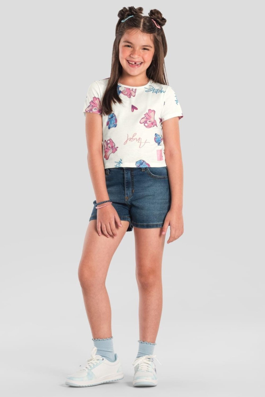 Vista 2 Infantil - Blusa menina do Stitch cropped Brandili nude Brandili nude