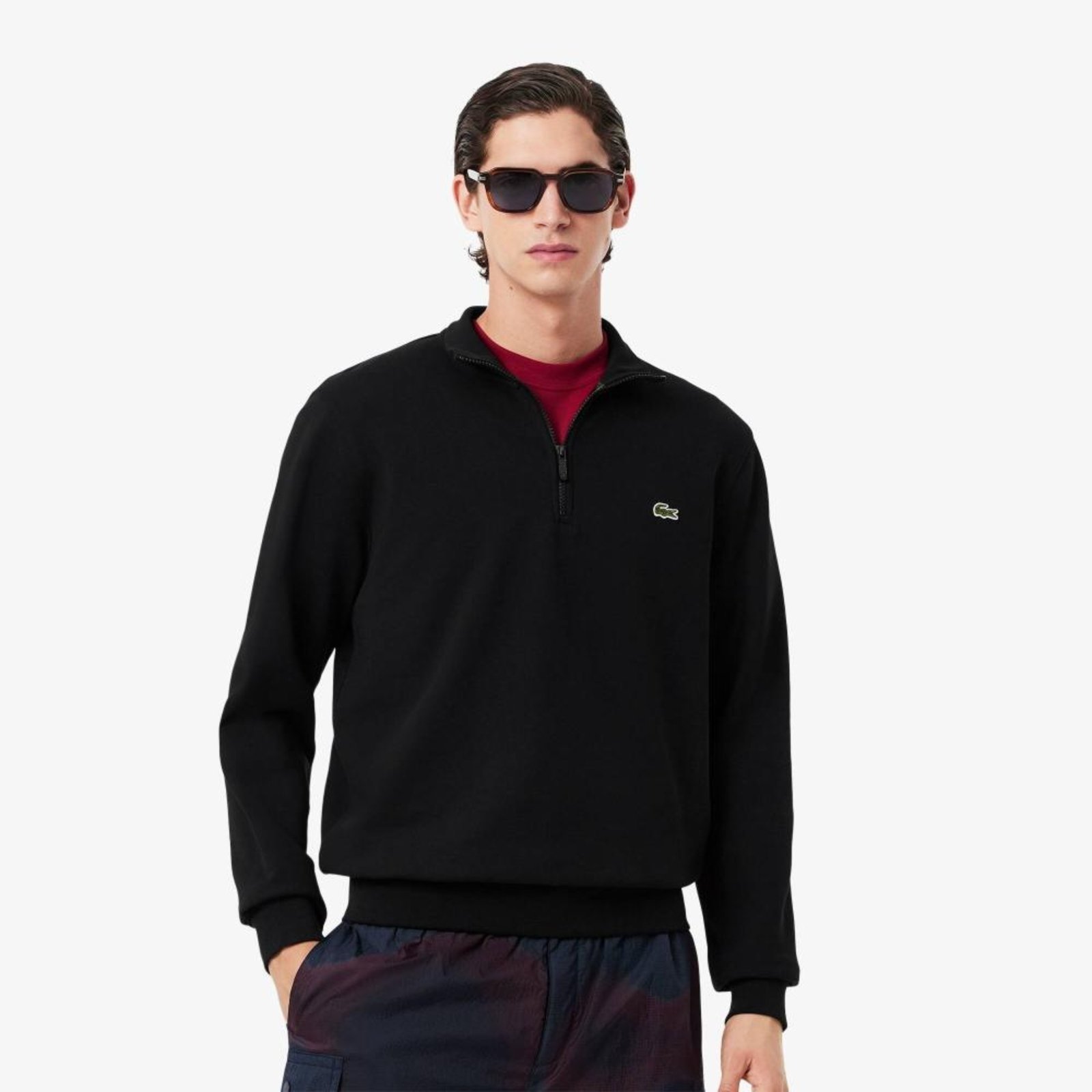 Agasalho Lacoste de Lã com Zíper Gola Alta Preto