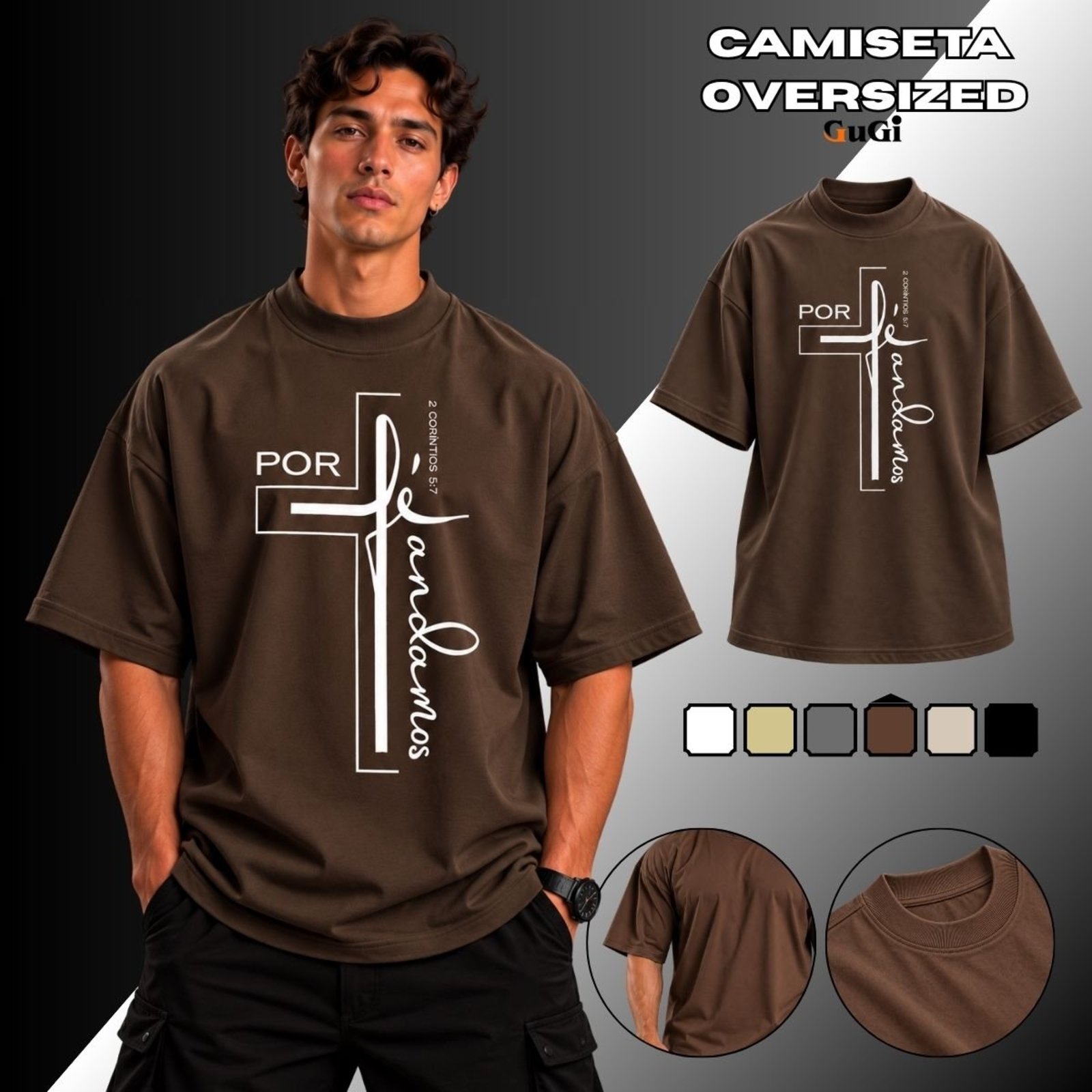 Camiseta Masculina Oversized Por Fé Andamos 100% Algodão 30.1 Marrom