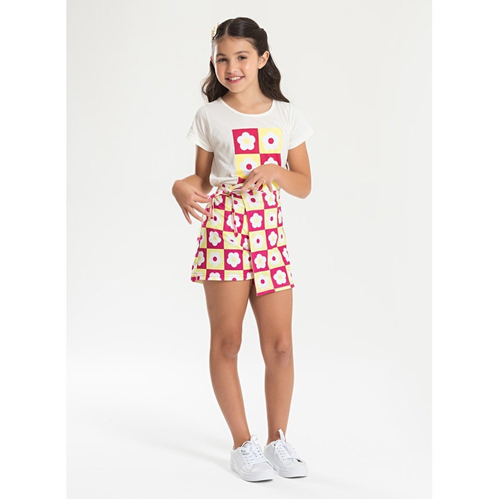 Infantil – Conjunto Verão Menina Natural Blusa e Shorts Saia Flores Pop