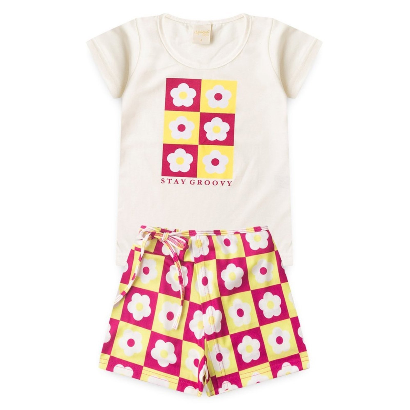 Vista 3 Infantil - Conjunto Verão Menina Natural Blusa e Shorts Saia Flores Pop Molekada bege natural Molekada bege natural