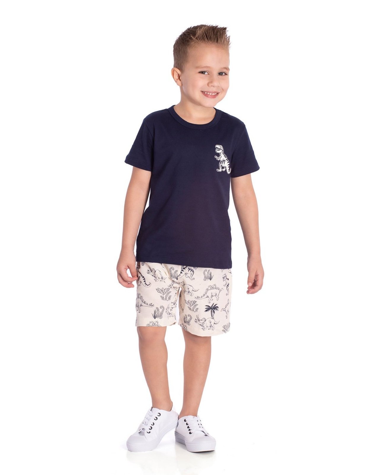 Infantil - Conj. camiseta manga curta marinho + bermuda tecido eco t-rex
