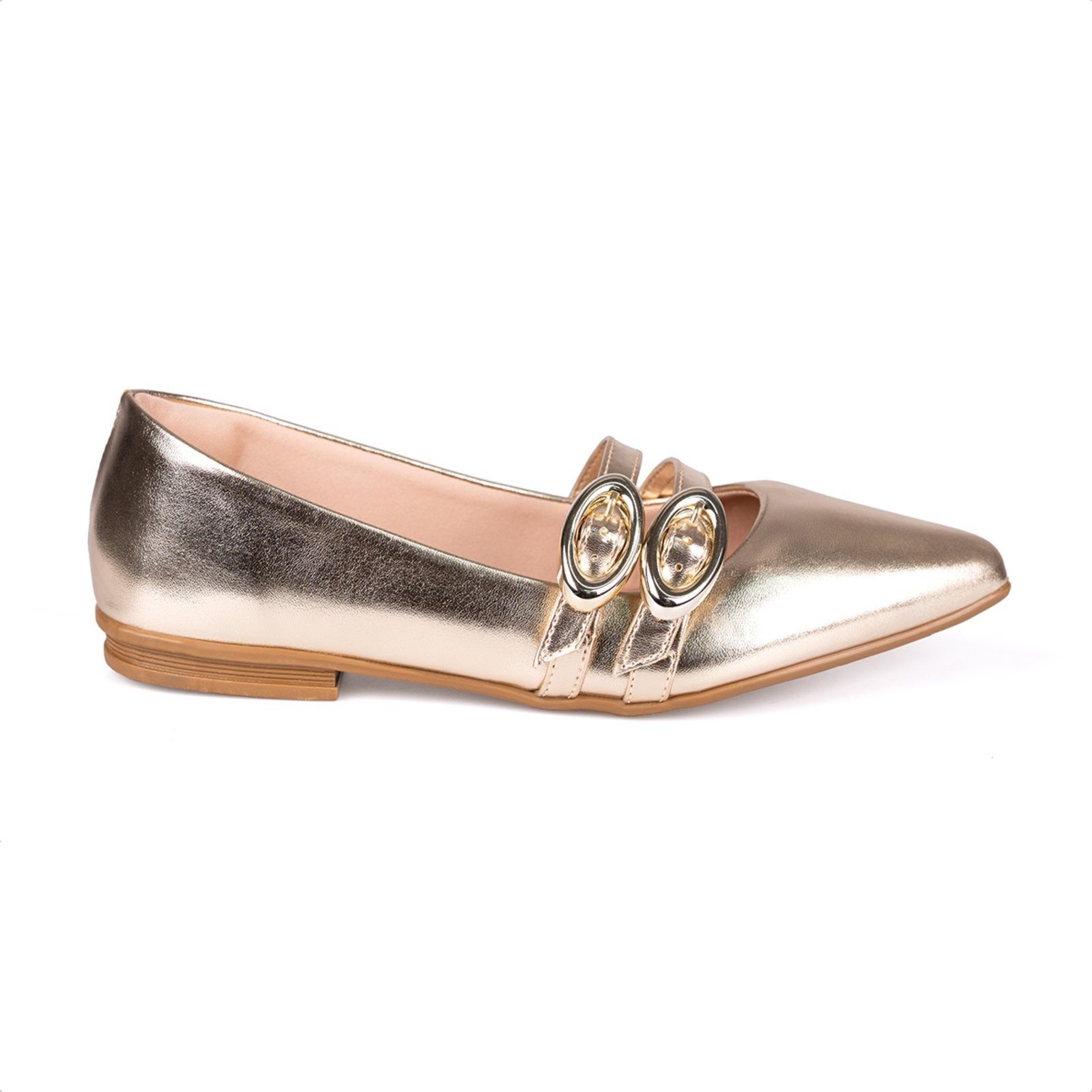 Vista 3 Sapatilha Verniz Bico Fino Tiras Duplas Fivela Ovais Metalizadas Estilo Boho dourado dourado