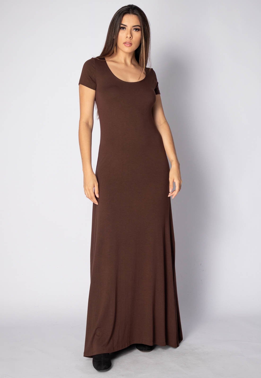 Vestido Longo Amazonia Vital Malha Manga Curta Gola Canoa Marrom